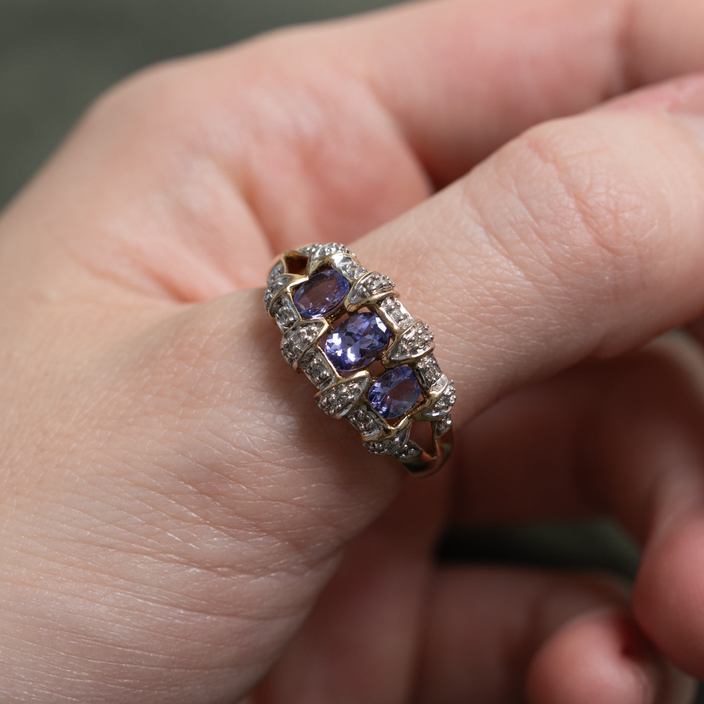 Three Stone Tanzanite & Diamond Accented Ring | 1.0ctw, 0.16ctw | SZ 9.0 |