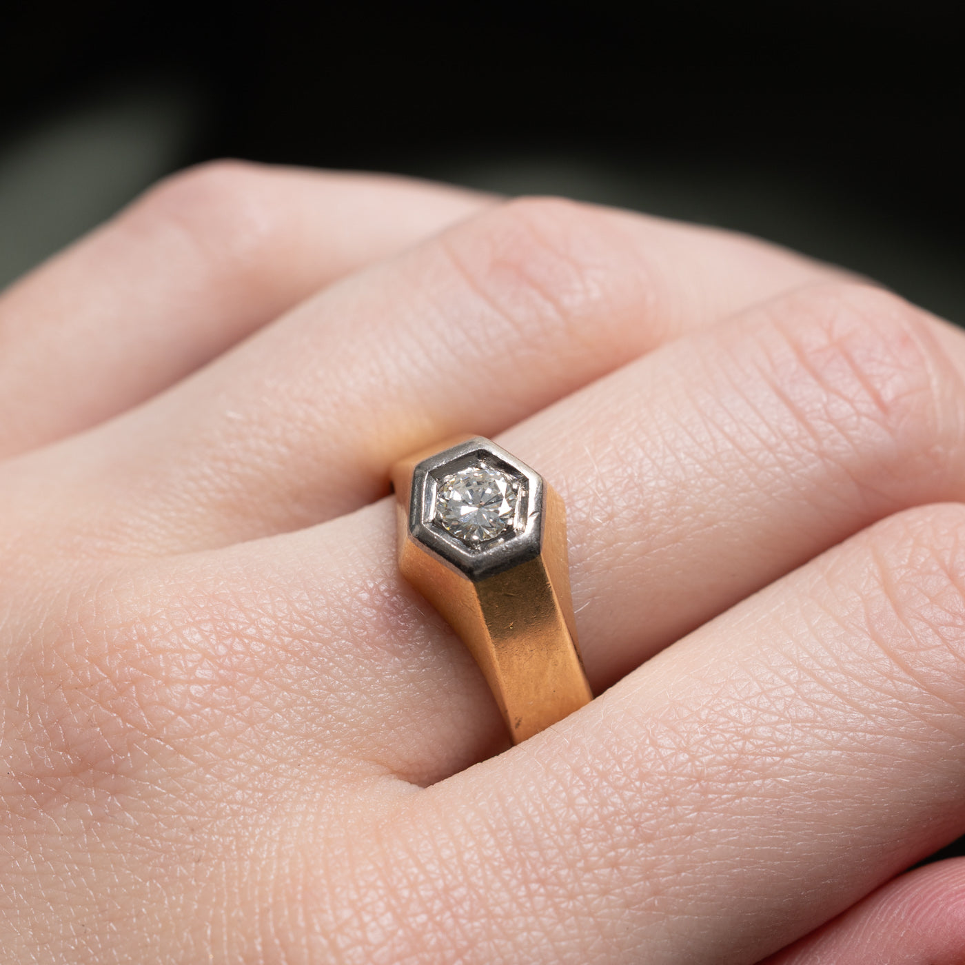 Two Tone Gold Solitaire Diamond Hexagon Ring | 0.4ct | SZ 7.75 |
