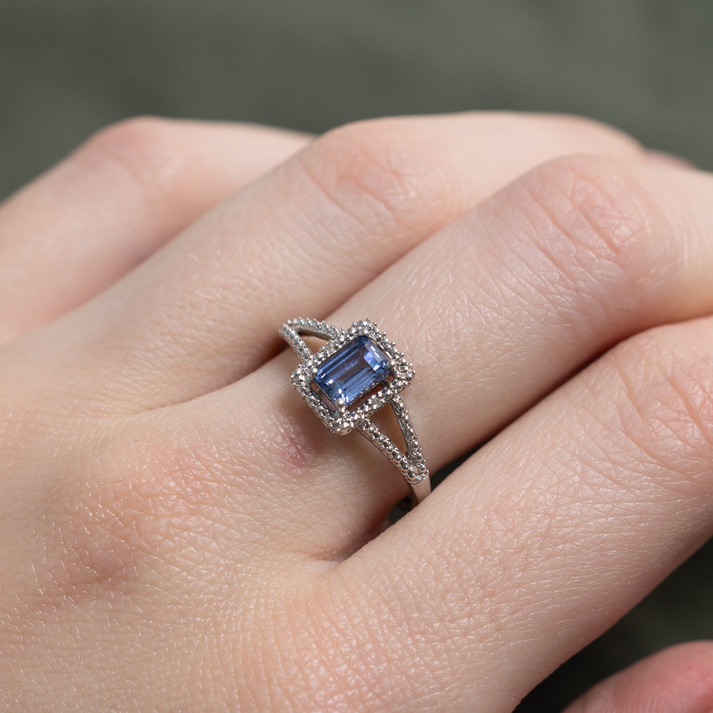 Emerald Cut Synthetic Sapphire & Diamond Halo Ring | 0.7ct, 0.01ctw | SZ 7.0 |