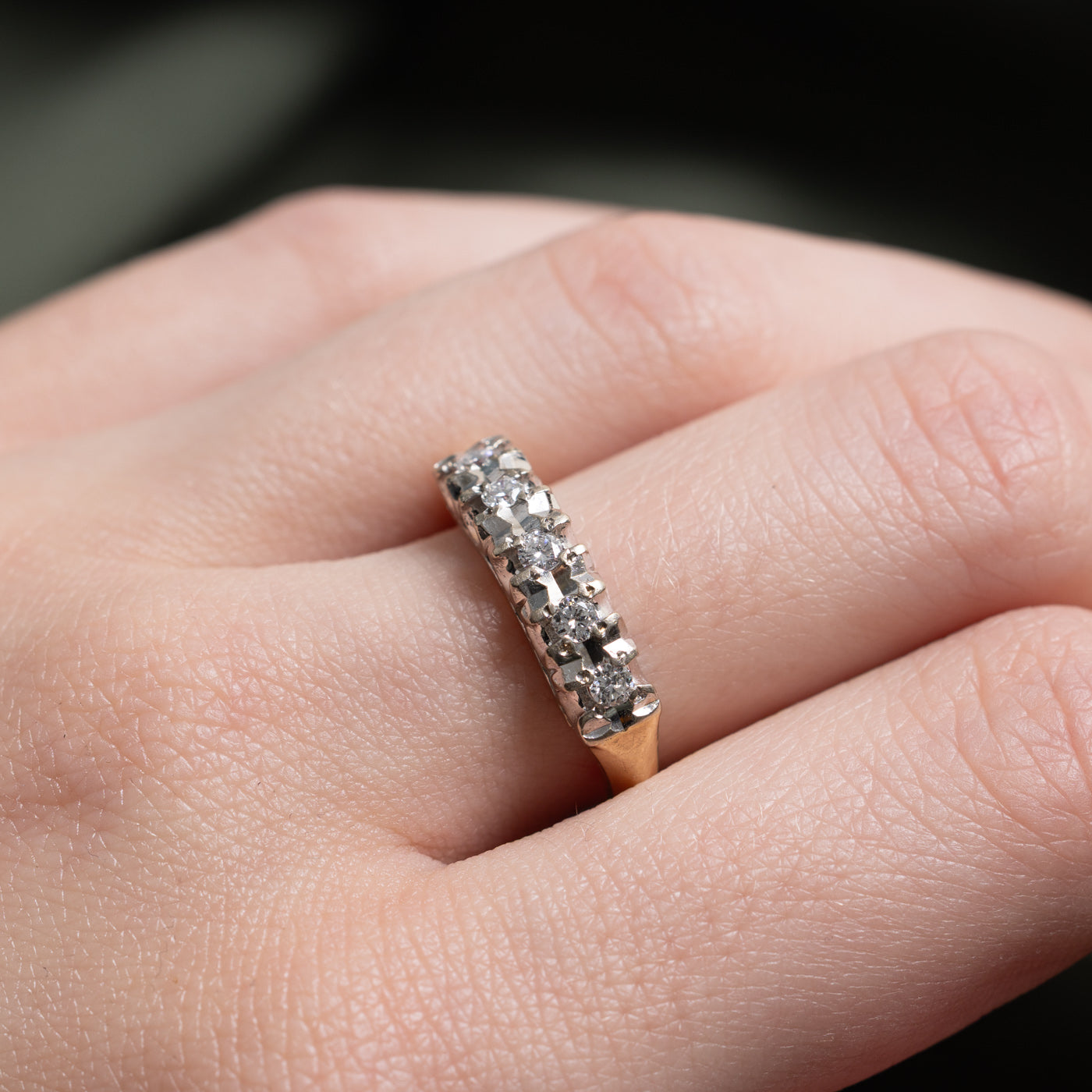 Two Tone Gold Five Stone Diamond Textured Band | 0.2ctw | SZ 6.25 |