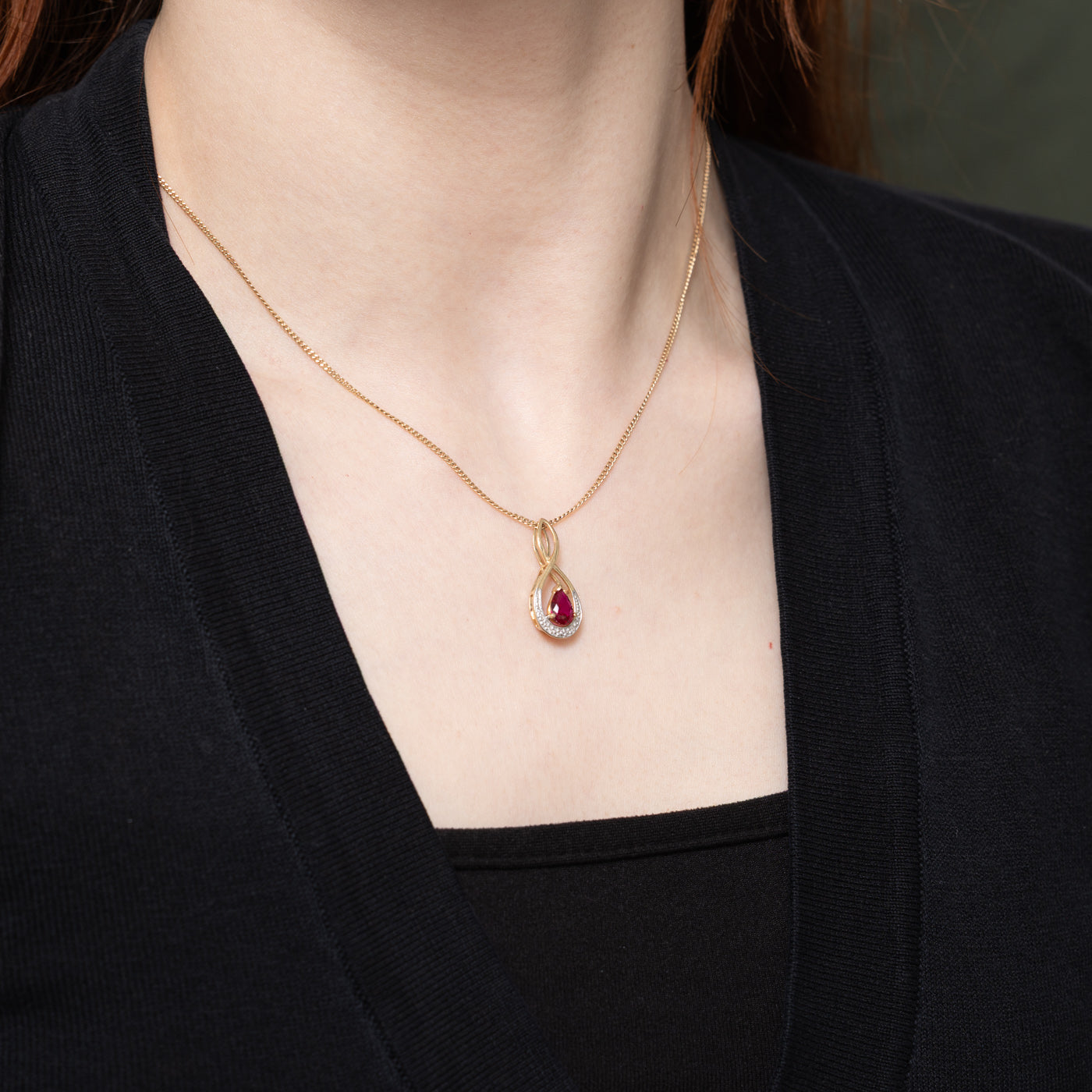 Pear Cut Synthetic Ruby & Diamond Crossover Pendant