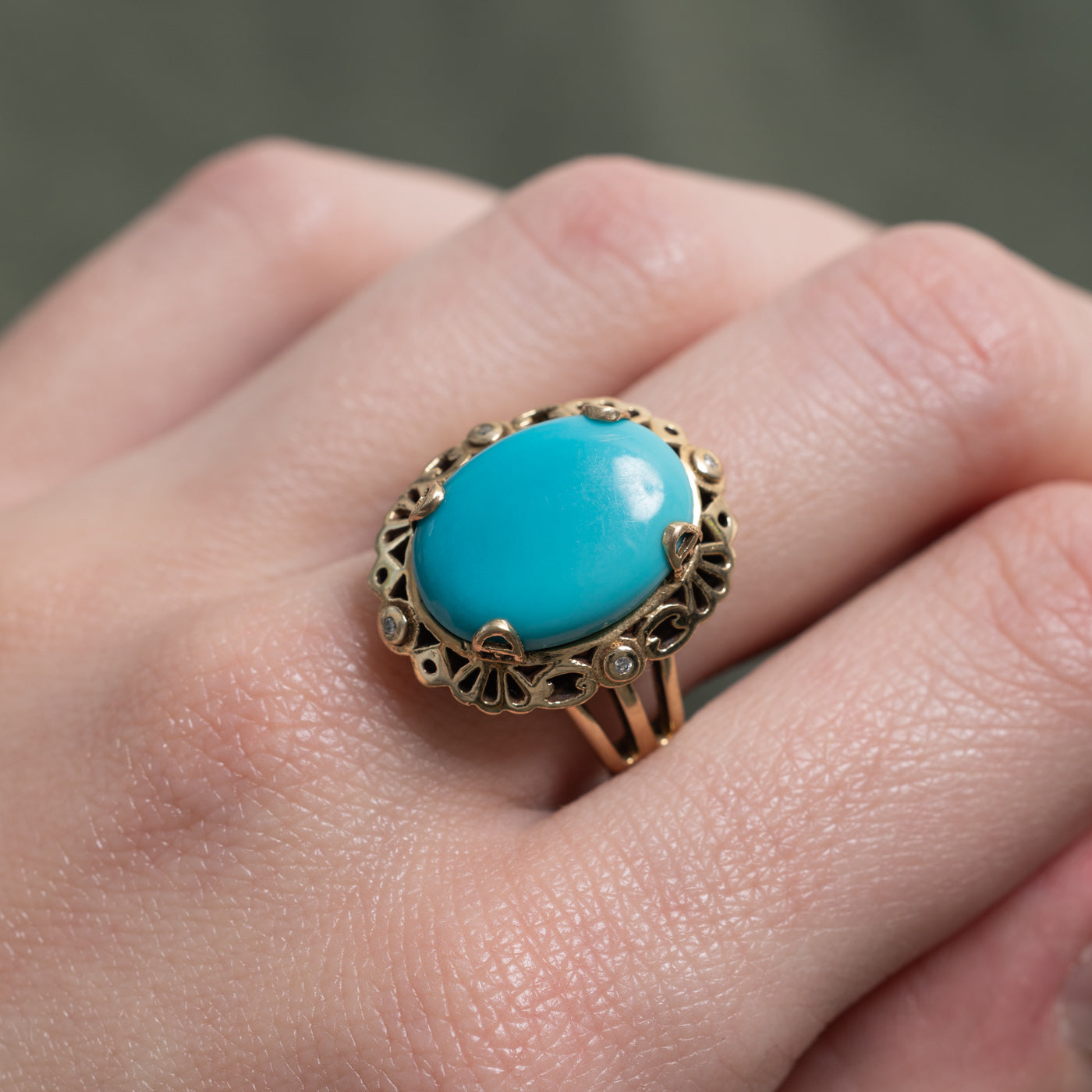 Turquoise & Diamond Ornate Cocktail Ring | 5.8ct, 0.02ctw | SZ 7.75 |