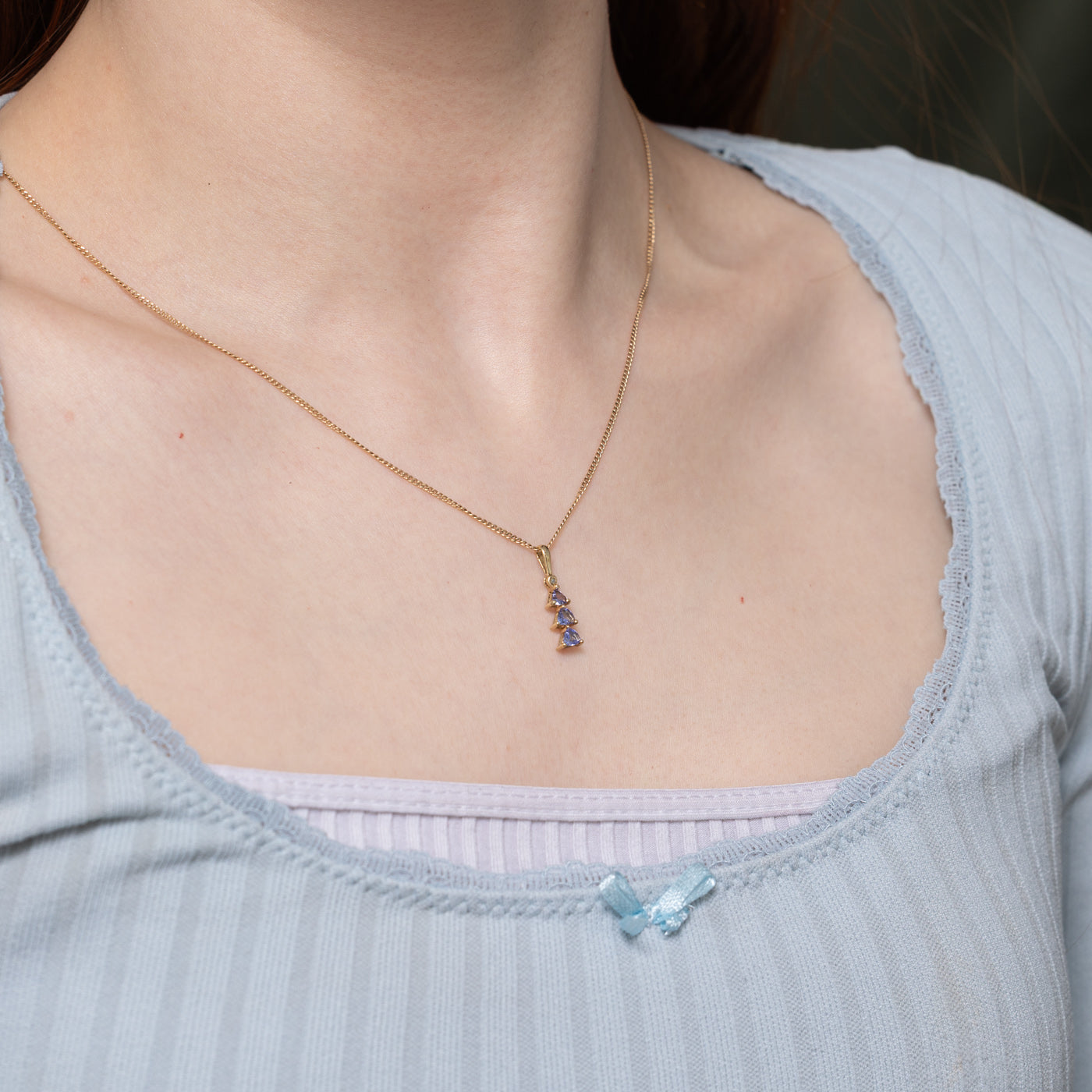 Three Stone Tanzanite & Diamond Drop Pendant | 1.0ctw, 0.01ct |