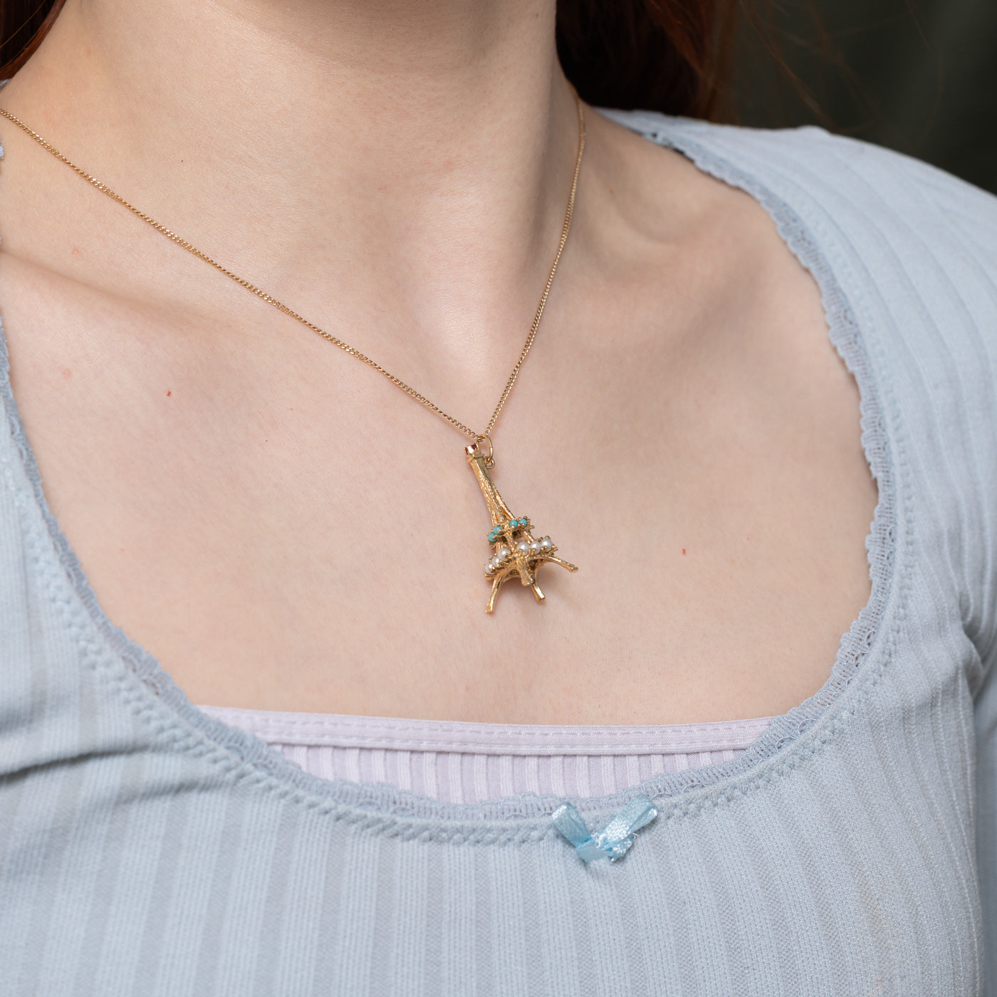 Ruby, Turquoise & Pearl Eiffel Tower Charm | 0.58ctw