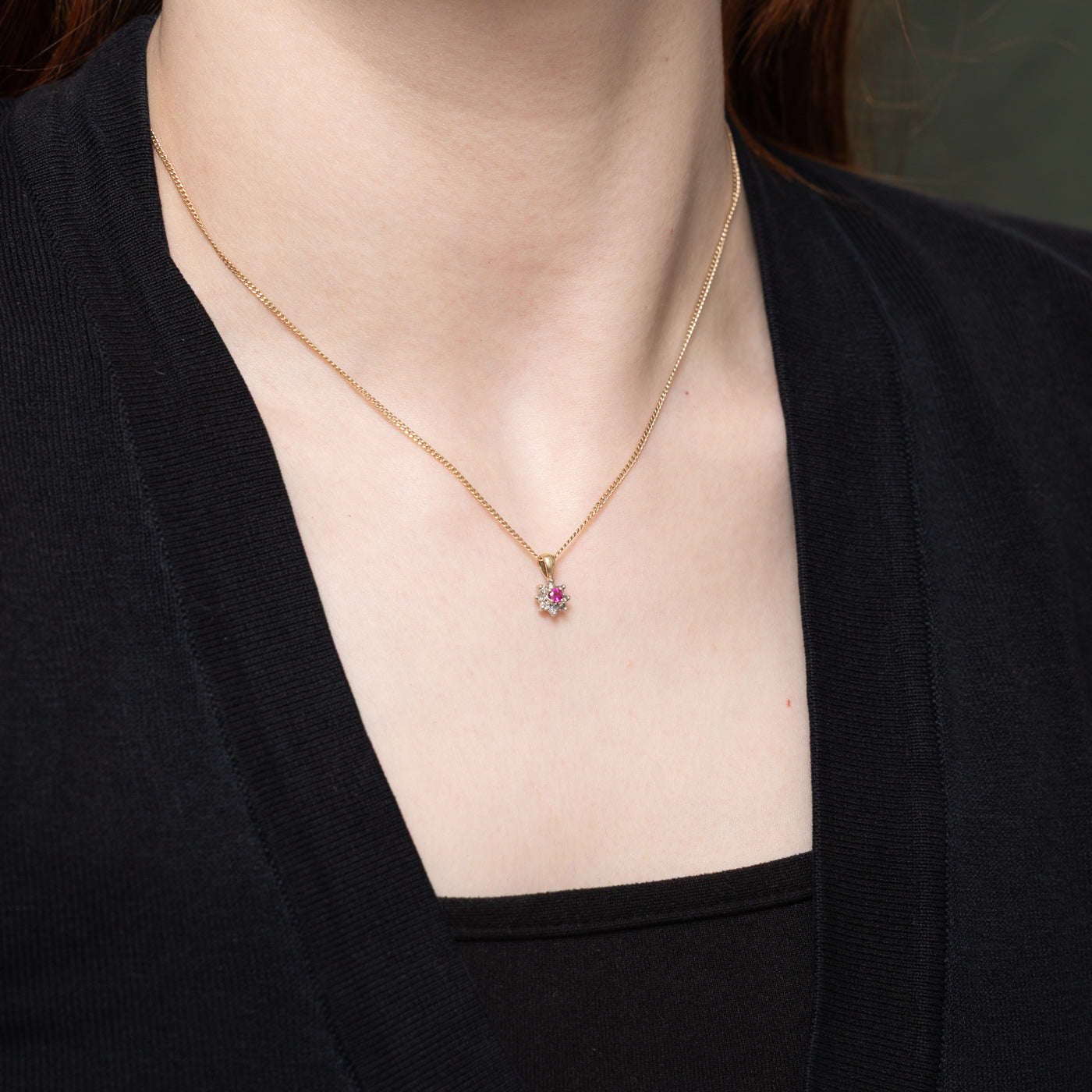 Ruby & Diamond Petal Halo Pendant