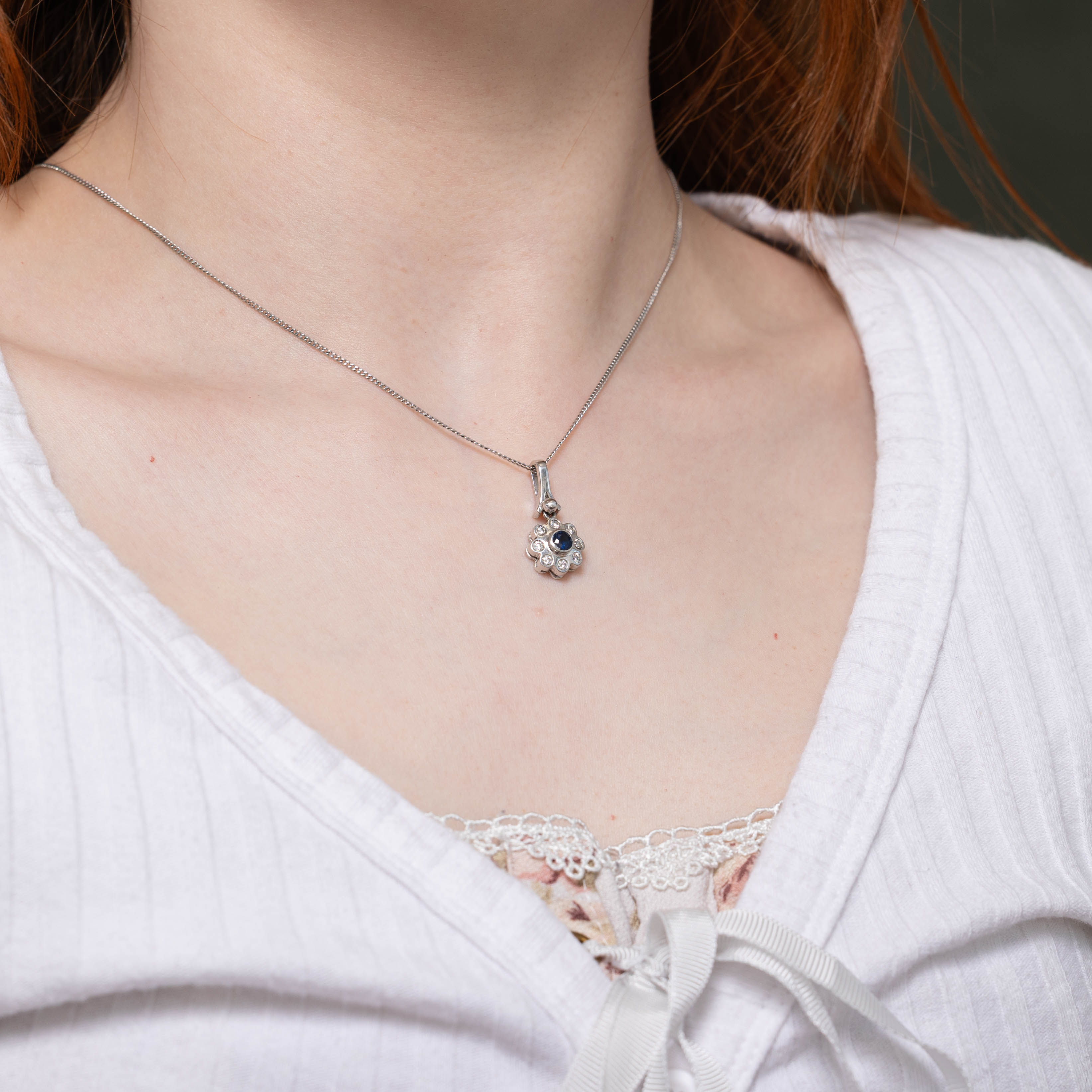 14k Sapphire & Diamond Flower Pendant