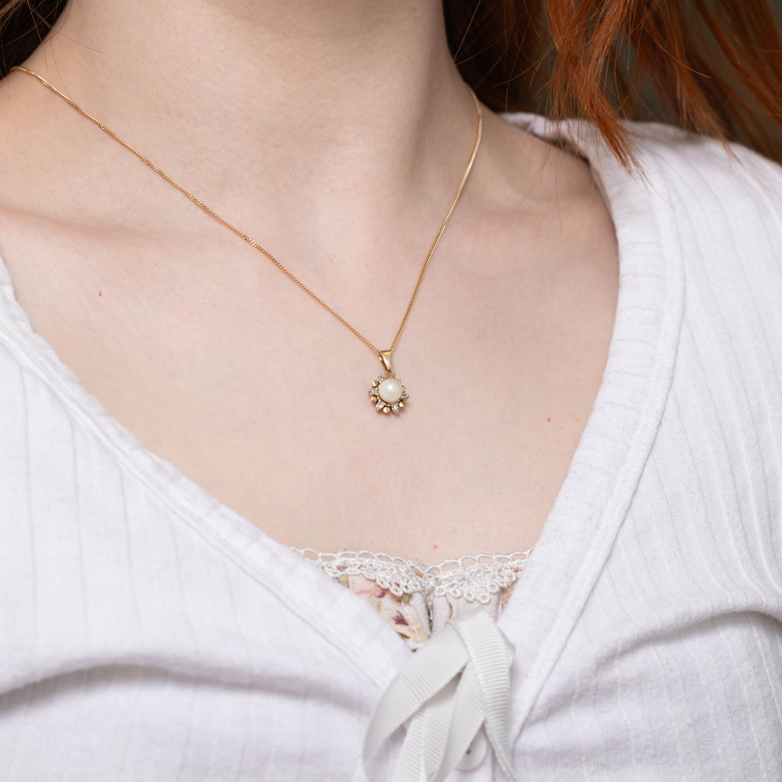14k Pearl & Diamond Petal Halo Pendant
