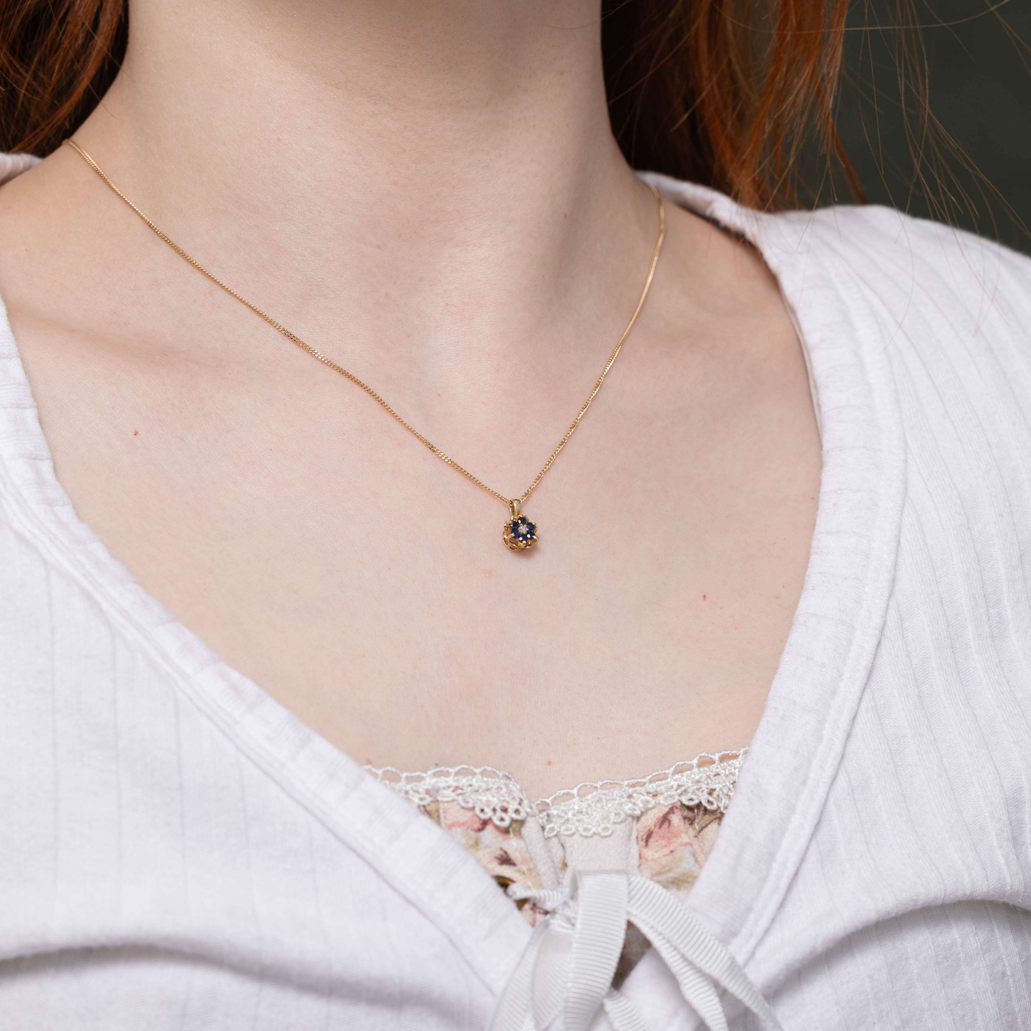 10k Sapphire & Diamond Floral Cluster Pendant