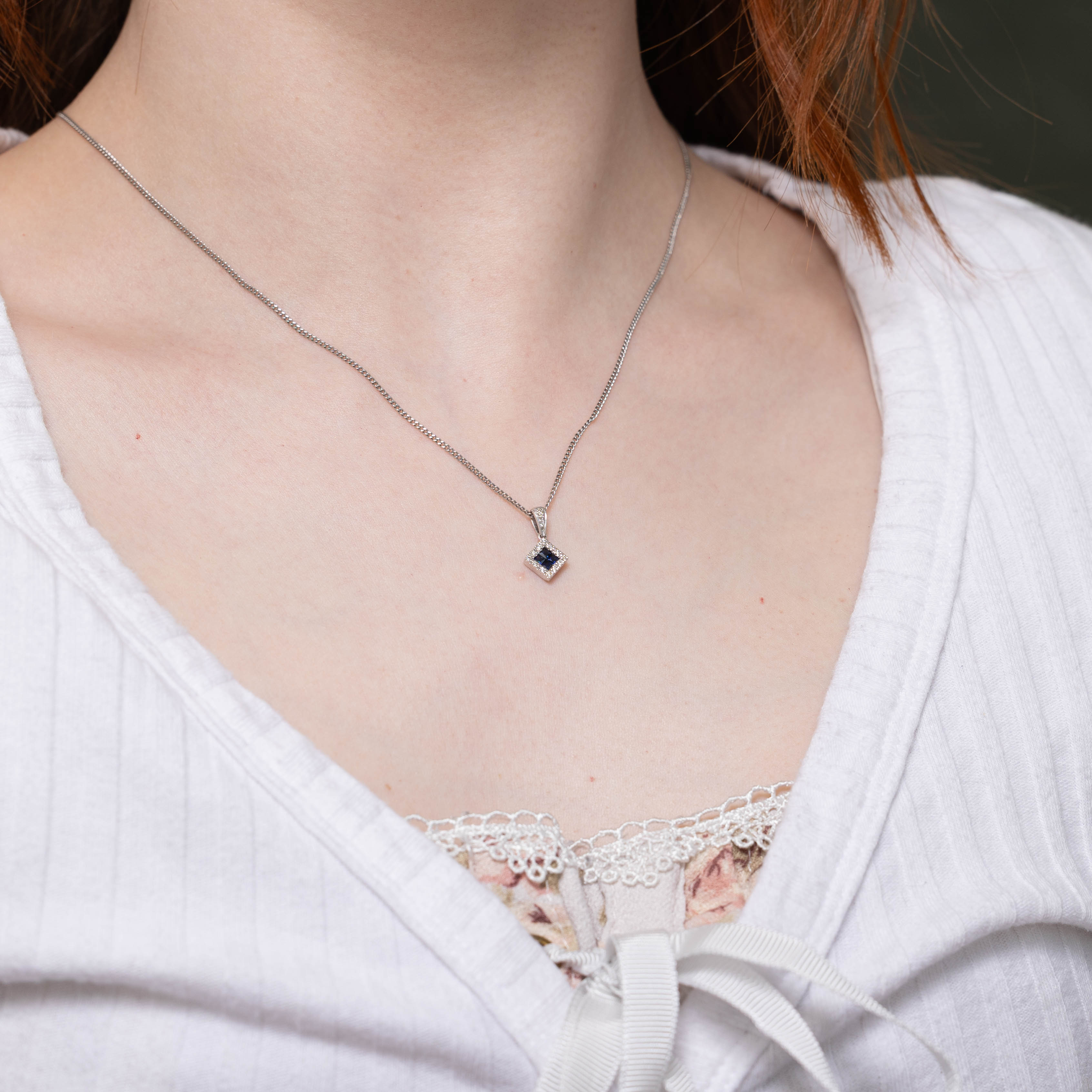 10k Sapphire & Diamond Square Halo Pendant