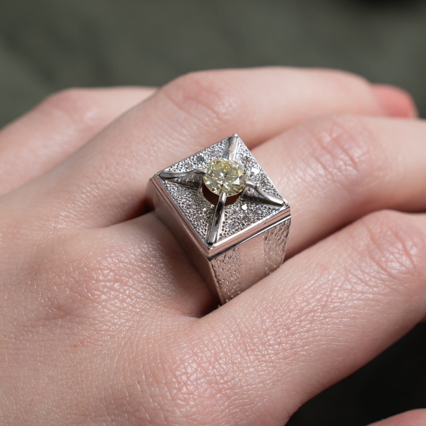 10K White Gold Diamond Textured Chunky Ring | 1.20ctw SI2 Yellow | SZ 7.75