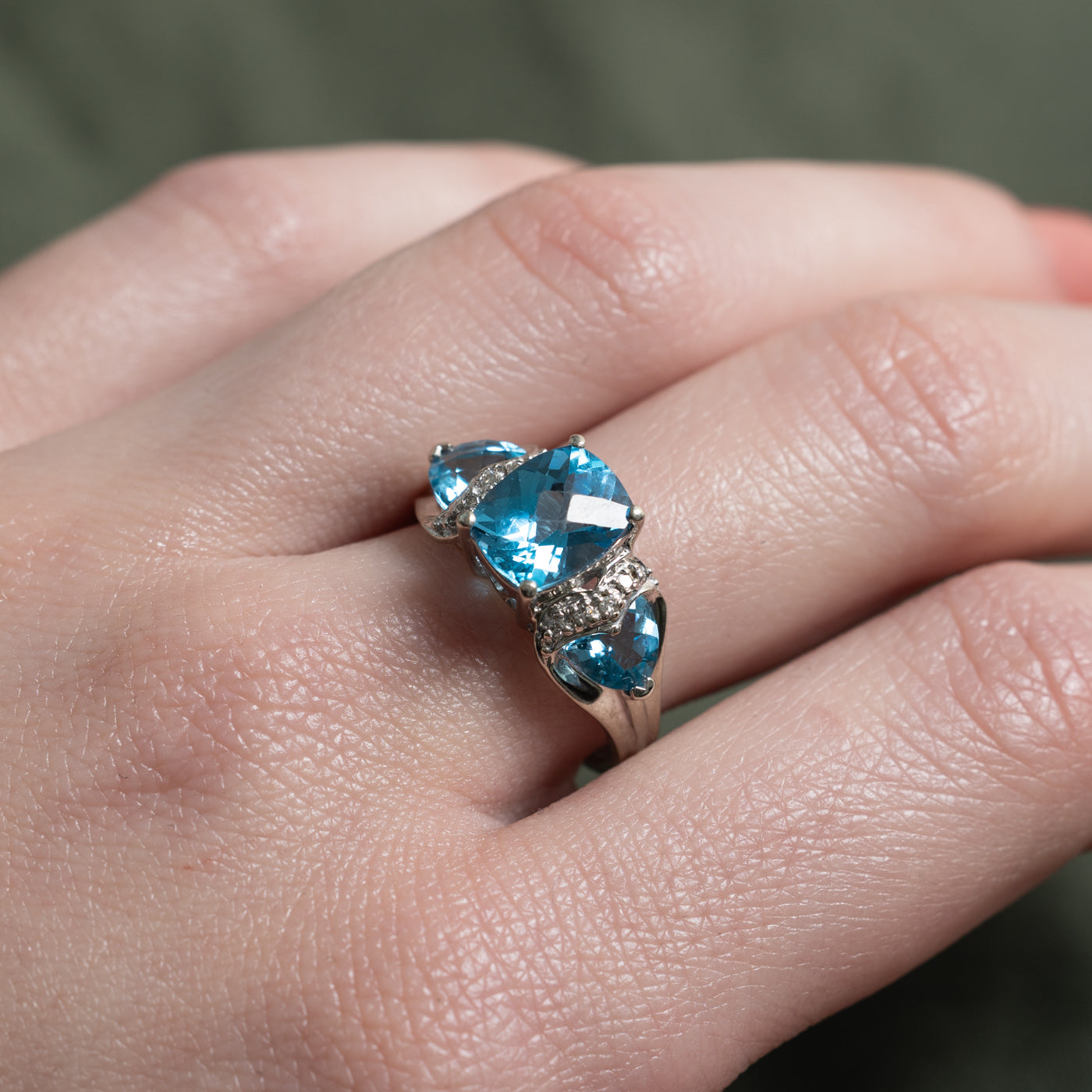 Three Stone Blue Topaz & Diamond Accented Ring | 4.0ctw, 0.05ctw | SZ 7