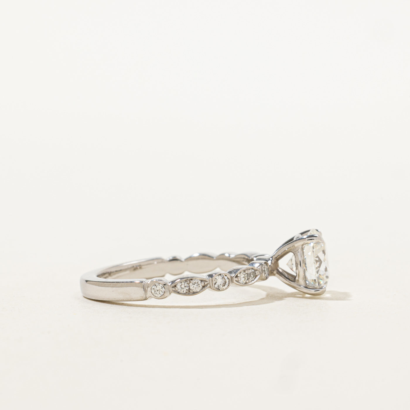 19k Round Brilliant Cut Diamond Marquise Accented Ring | 1.31ct SI1 E Ex, 1.21ctw | SZ 6