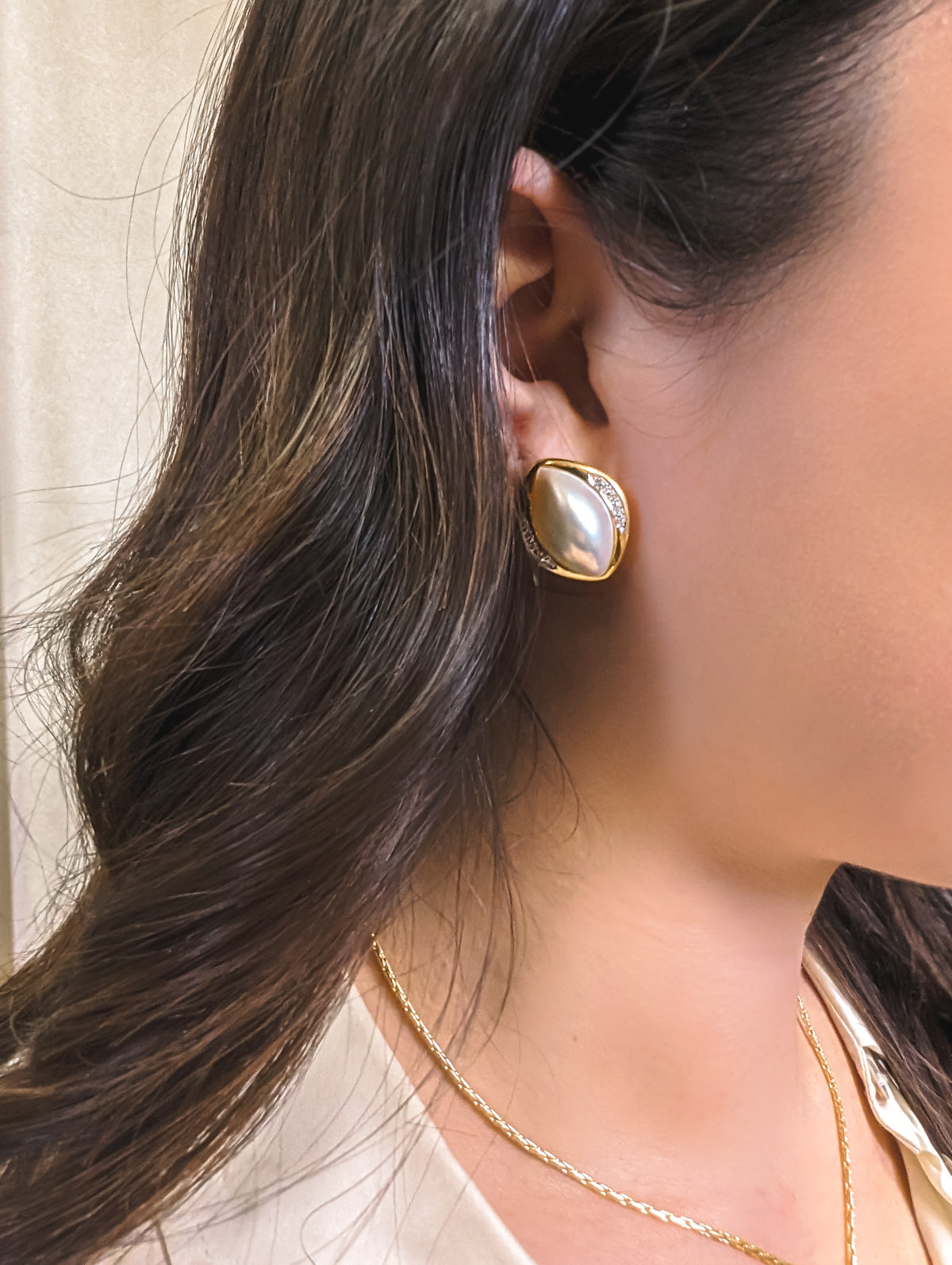 Marquise Shaped Mabe Pearl & Diamond Earrings | 18.00ctw, 0.16ctw |