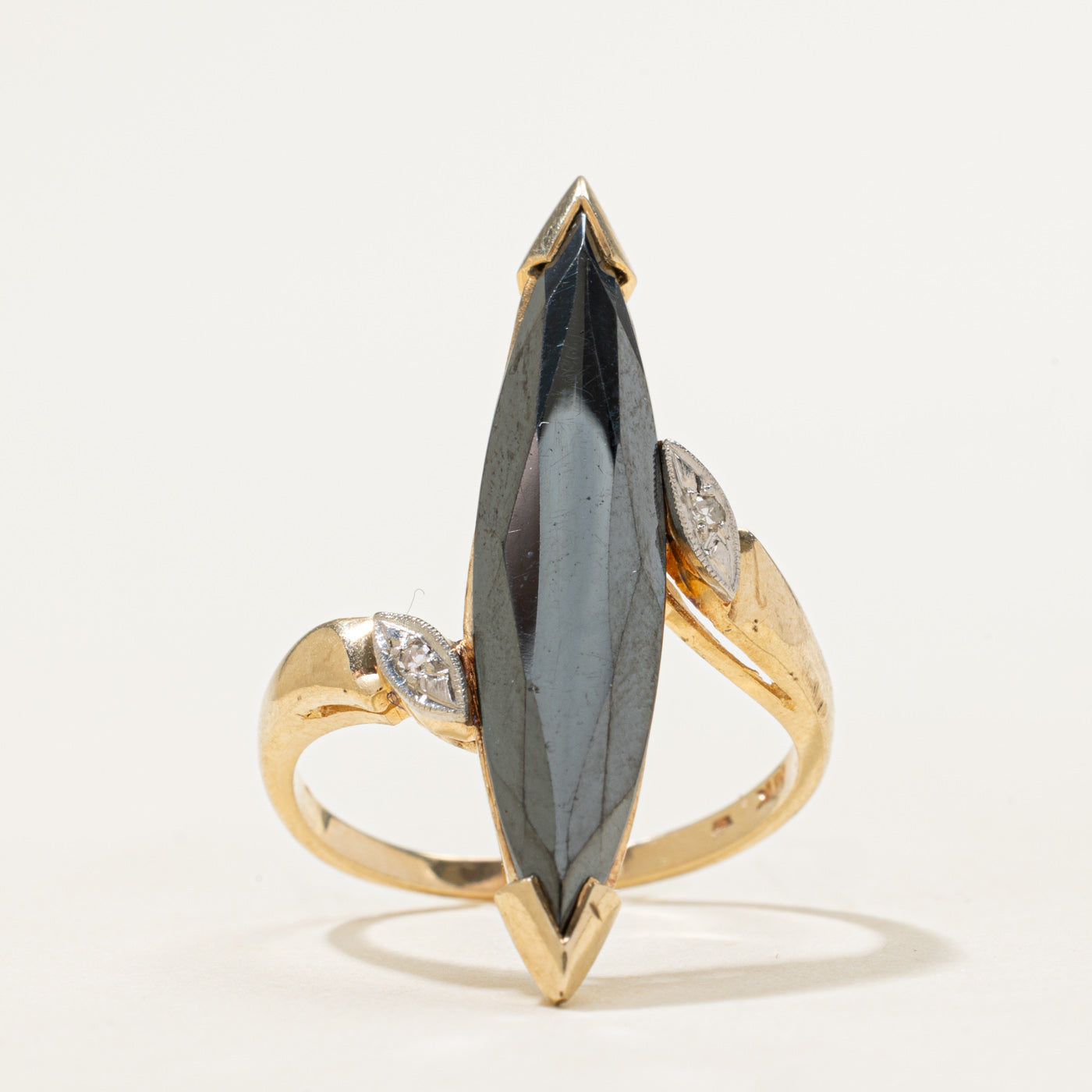 10k Hematite & Diamond Accented Bypass Navette Ring | 4.00ct, 0.02ctw