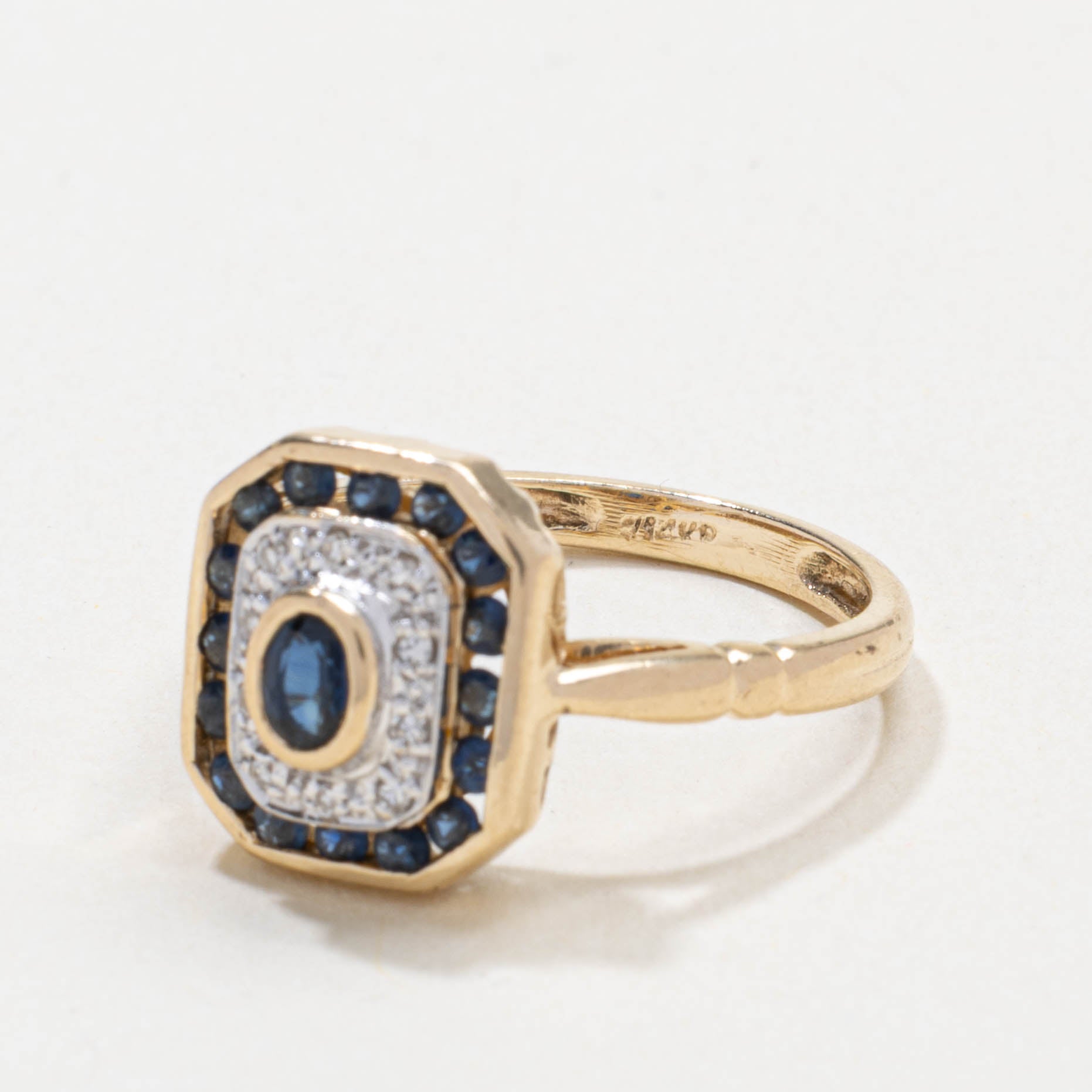 14k Sapphire & Diamond Double Halo Geometric Ring | SZ 7