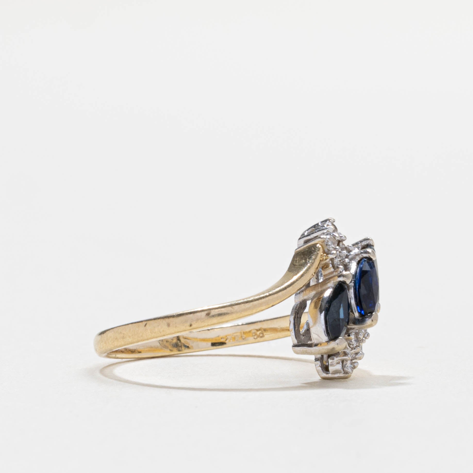 14k Three Stone Sapphire & Diamond Cluster Bypass Ring | SZ 5.75
