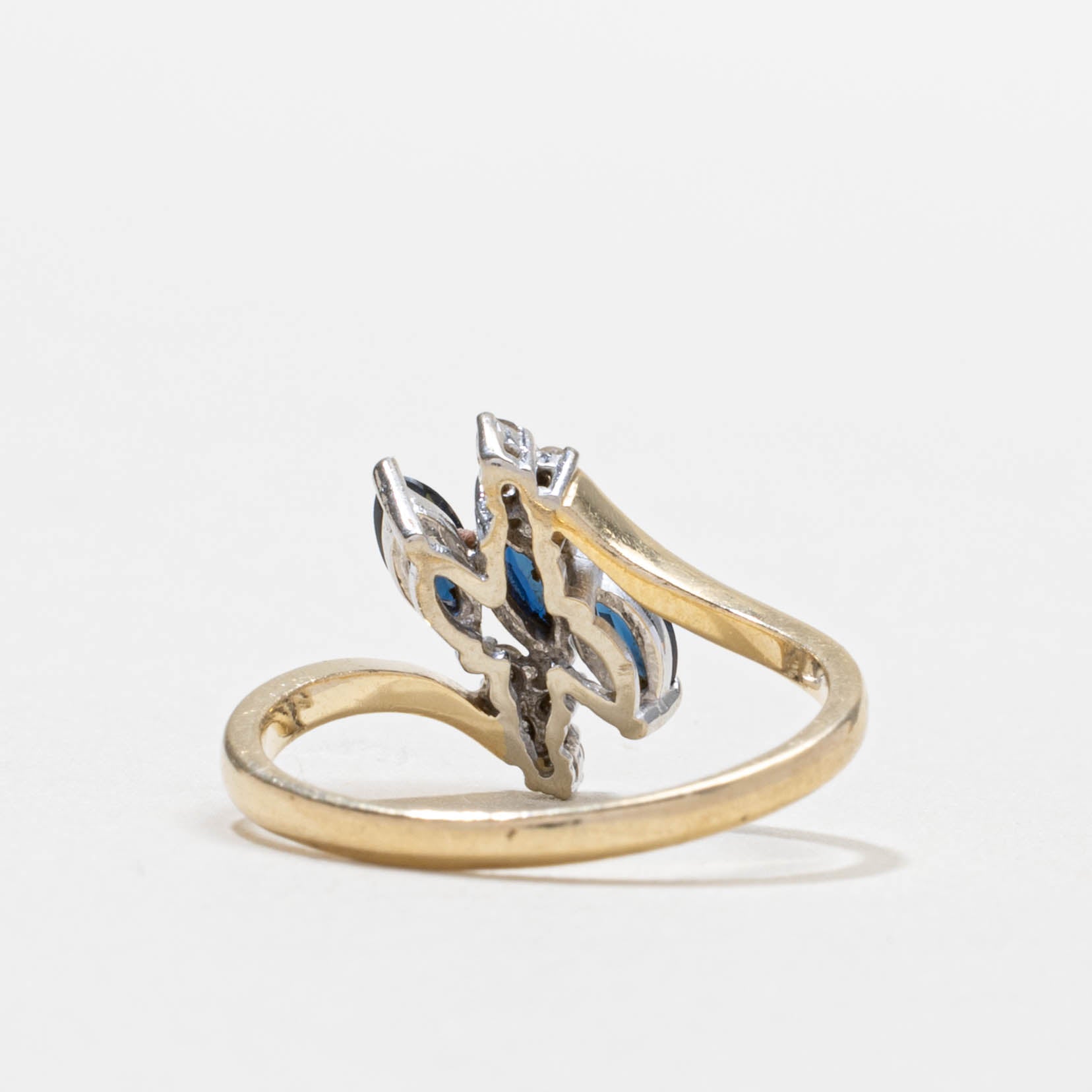 14k Three Stone Sapphire & Diamond Cluster Bypass Ring | SZ 5.75