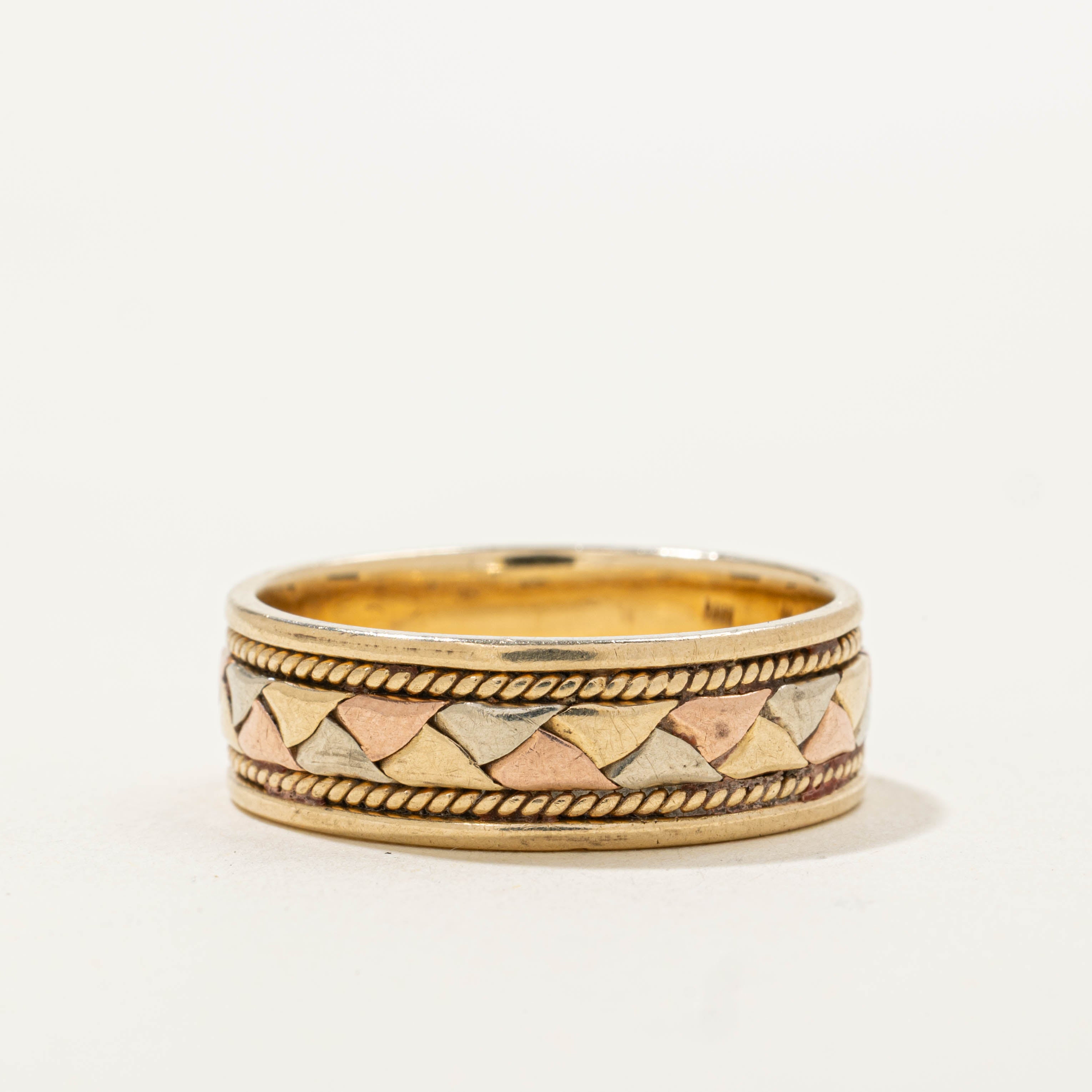 14k Tri Tone Rope Engraved Band | 7.50mm | SZ 10.5