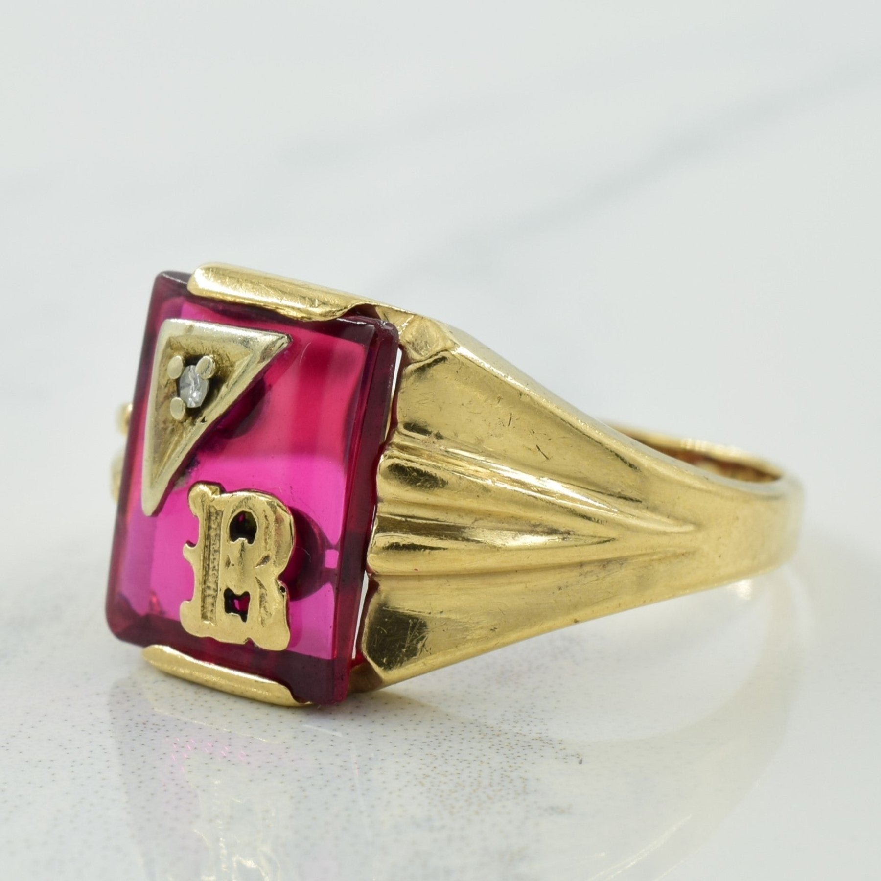 'R' Initialed Synthetic Ruby & Diamond Ring | 6.00ct, 0.01ct | SZ 9.25 | - 100 Ways