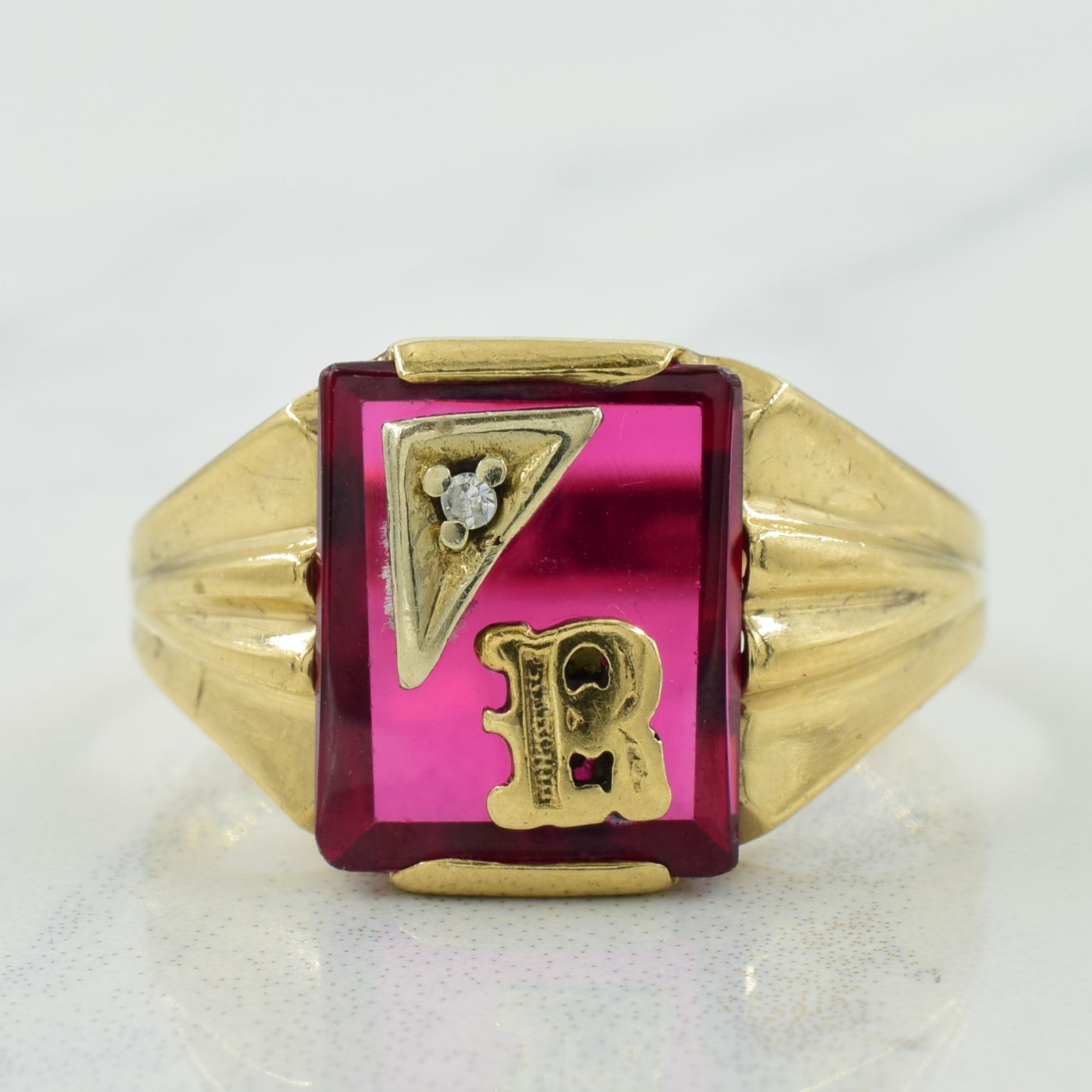 'R' Initialed Synthetic Ruby & Diamond Ring | 6.00ct, 0.01ct | SZ 9.25 | - 100 Ways