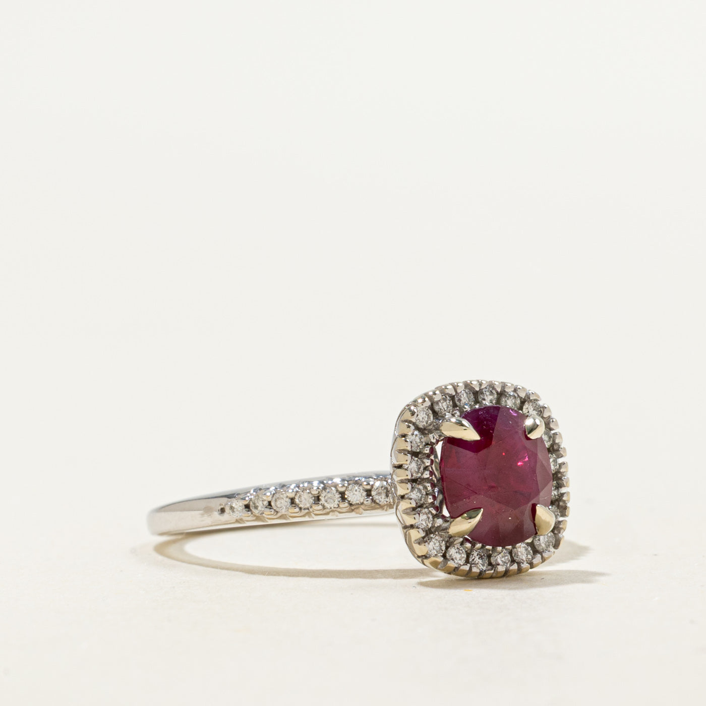 Cushion Cut Ruby & Diamond Halo Ring | 1.68ct, 0.23ctw | SZ 7.0