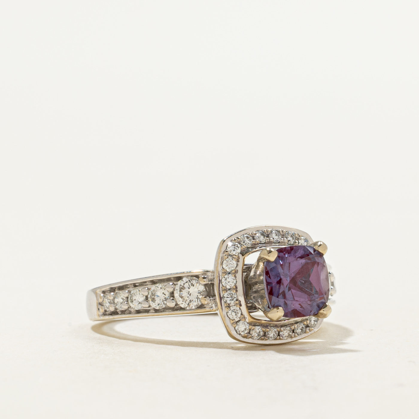 14K Cushion Cut Synthetic Alexandrite & Natural Diamond Halo Ring | 1.25ct, 0.50ctw | SZ 7.0