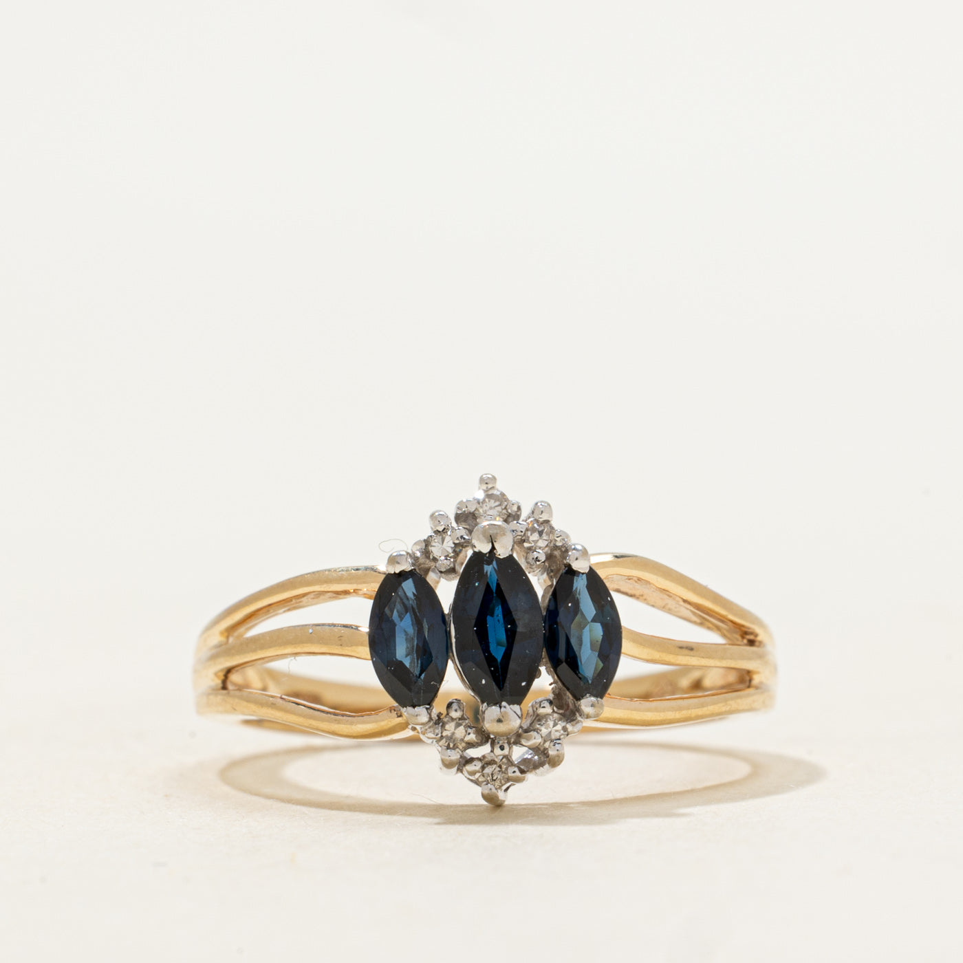 Three Stone Sapphire & Diamond Open Shank Ring | 0.47ctw, 0.02ctw | SZ 6 |