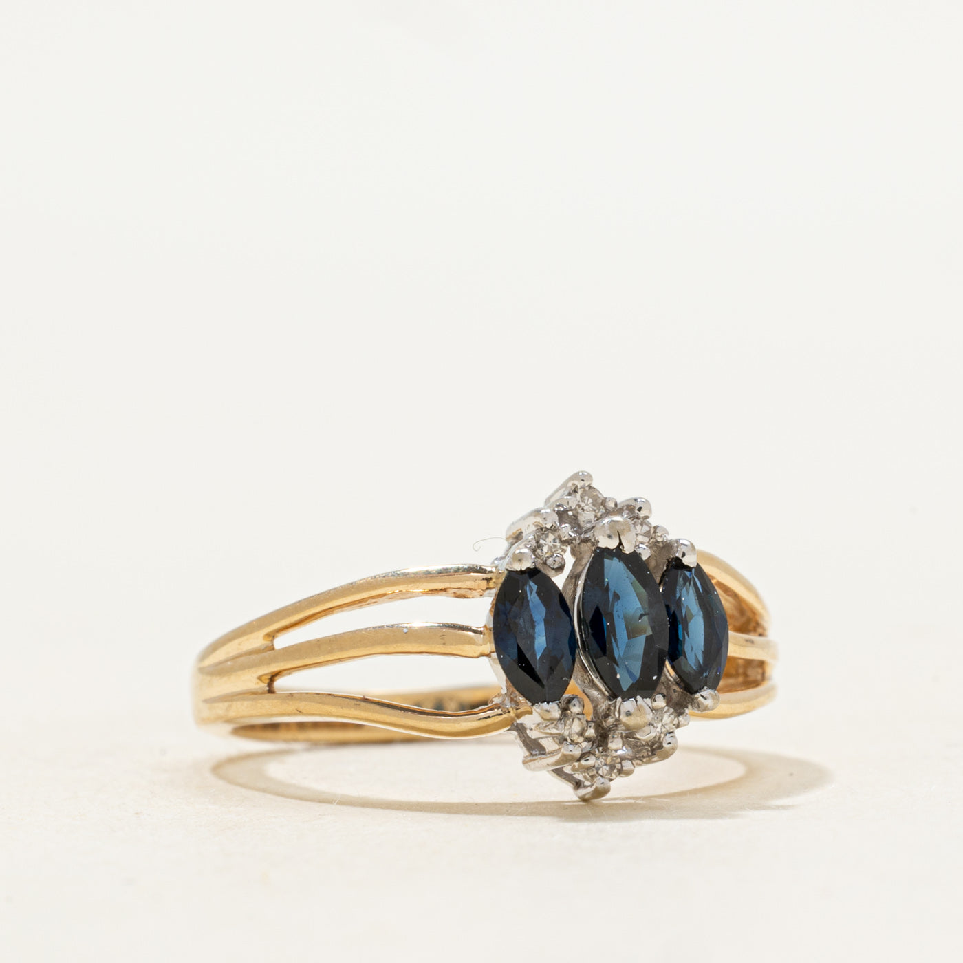 Three Stone Sapphire & Diamond Open Shank Ring | 0.47ctw, 0.02ctw | SZ 6 |