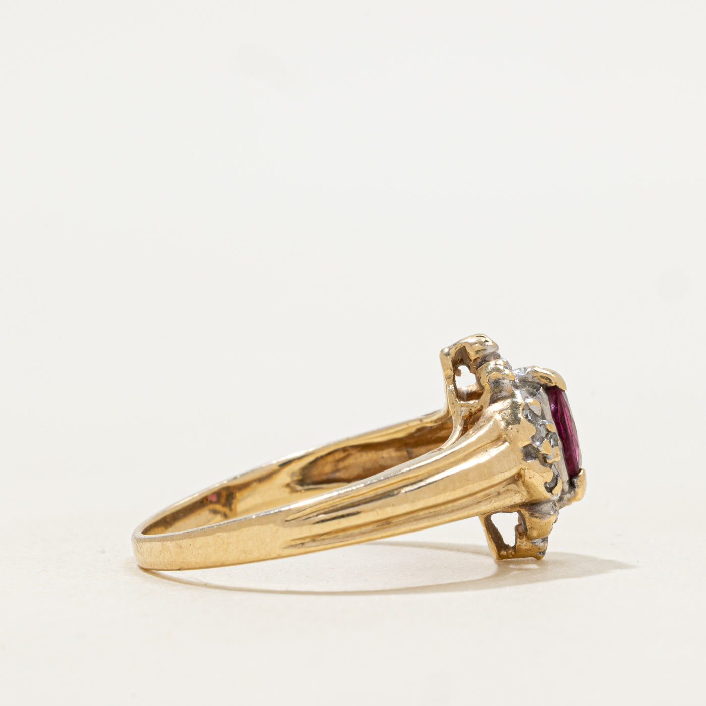 Marquise Cut Ruby & Diamond Halo Grooved Ring | 0.30ct, 0.06ctw | SZ 6.5 |