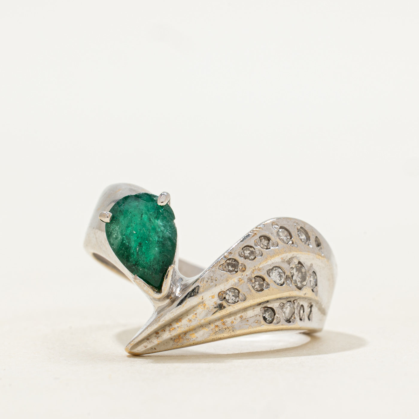 Pear Cut Emerald & Diamond Bypass Ring | 0.80ct, 0.15ctw | SZ 9.75 |