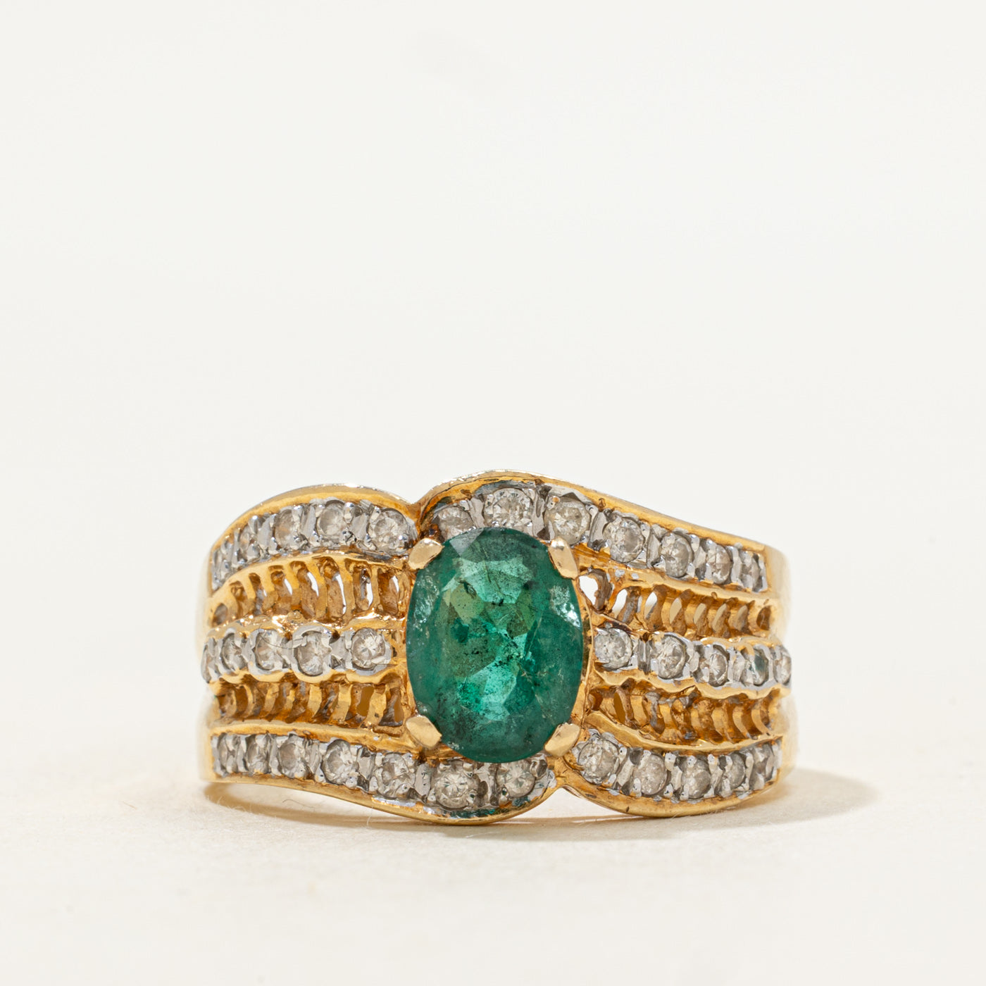 Central Oval Cut Emerald & Diamond Milgrained Ring | 0.82ct, 0.34ctw | SZ 8.5
