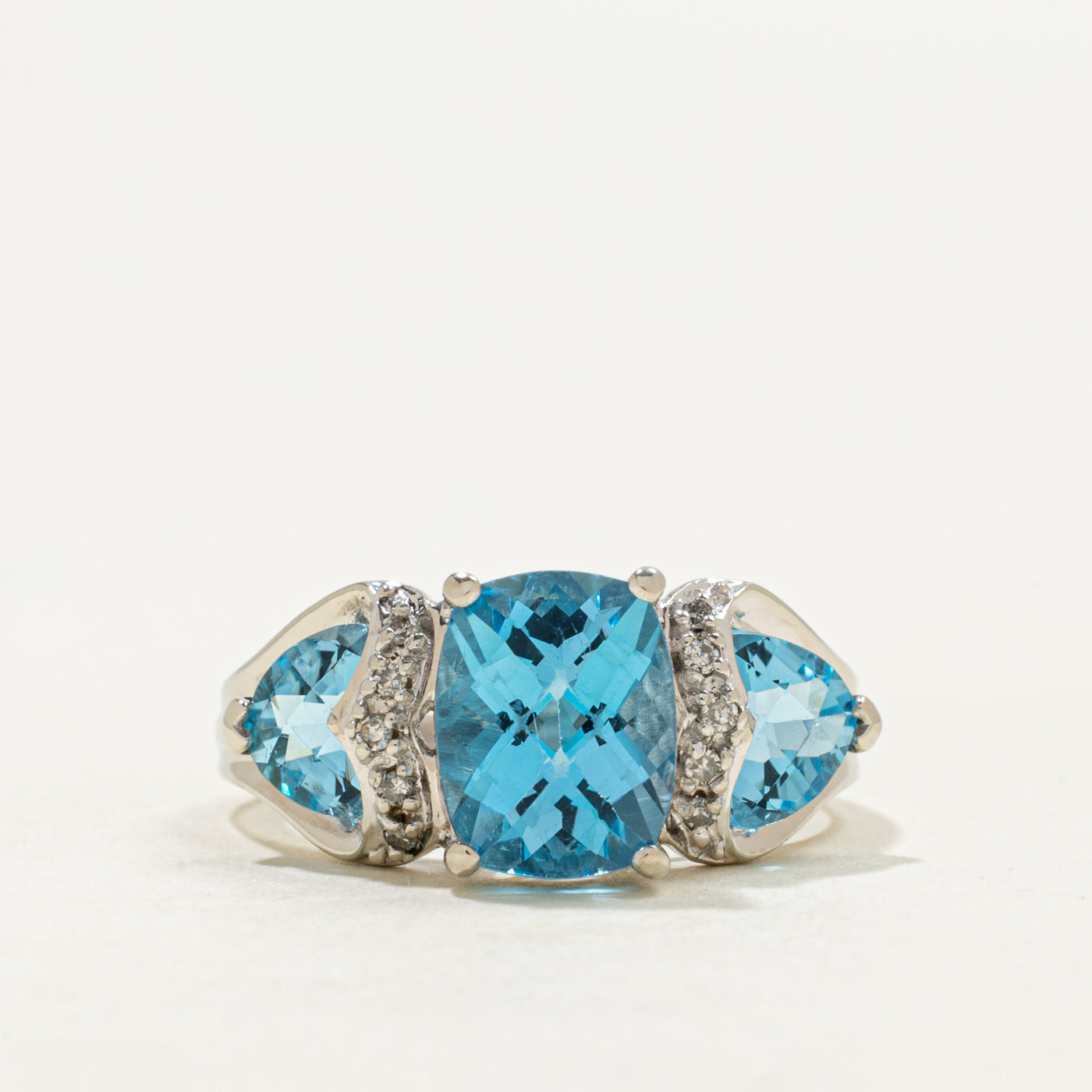 Three Stone Blue Topaz & Diamond Accented Ring | 4.0ctw, 0.05ctw | SZ 7