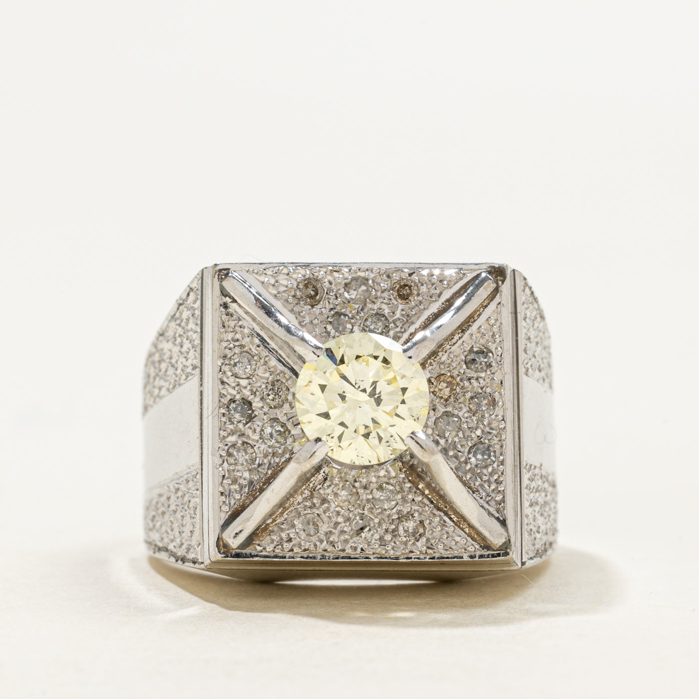10K White Gold Diamond Textured Chunky Ring | 1.20ctw SI2 Yellow | SZ 7.75