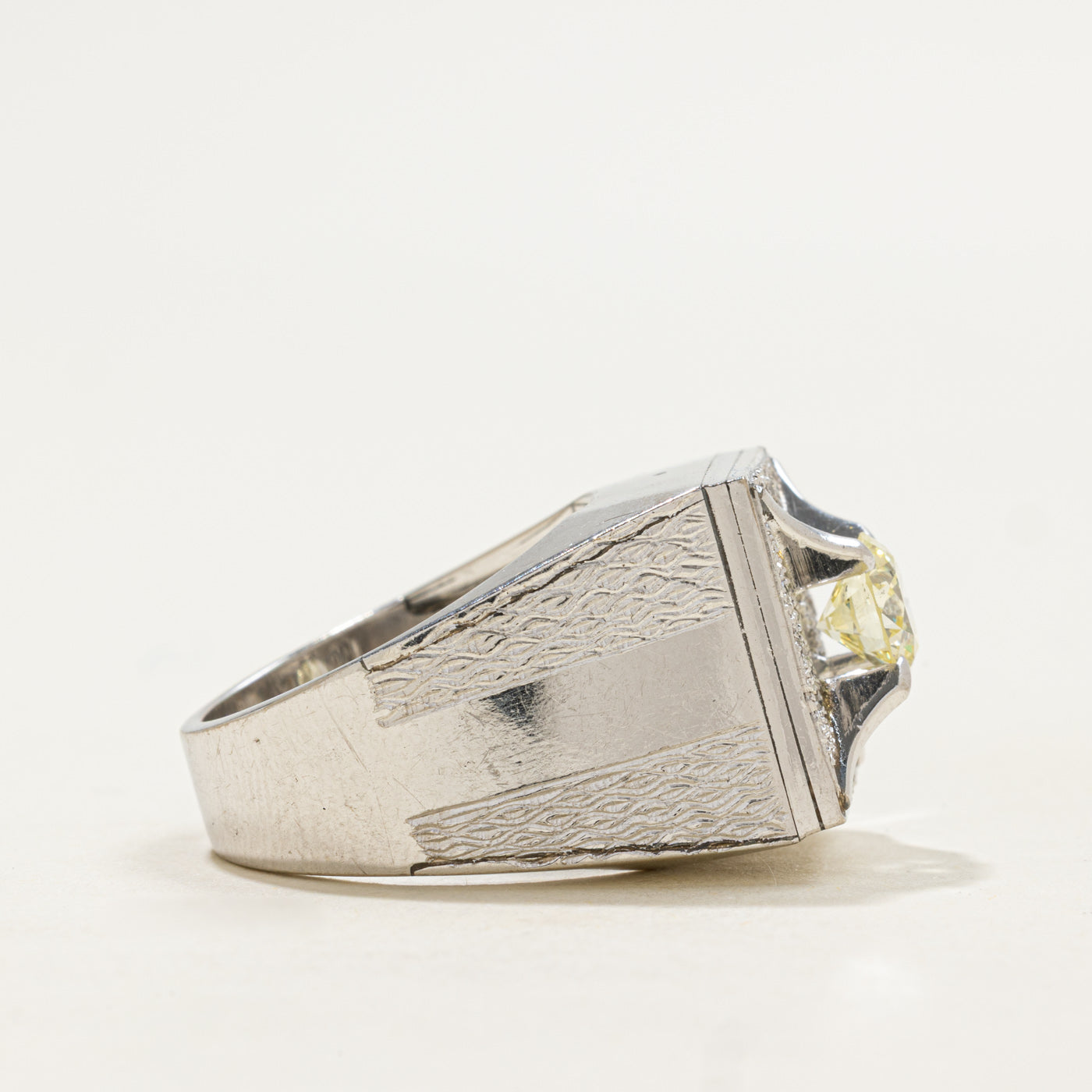 10K White Gold Diamond Textured Chunky Ring | 1.20ctw SI2 Yellow | SZ 7.75