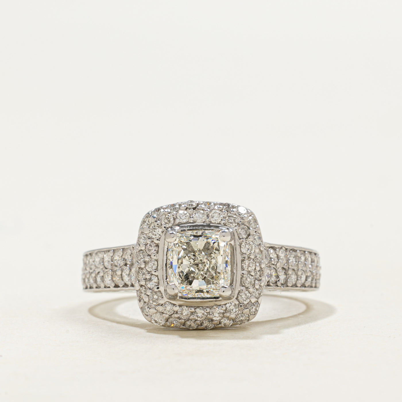 18k White Gold Cushion Cut Diamond Halo Ring | 1.0ct VS2 I, 0.58ctw | SZ 7.0