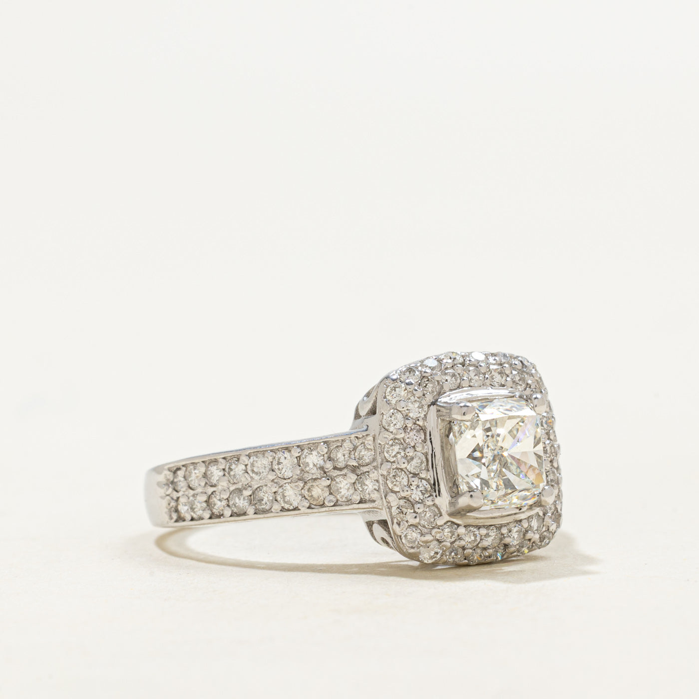 18k White Gold Cushion Cut Diamond Halo Ring | 1.0ct VS2 I, 0.58ctw | SZ 7.0