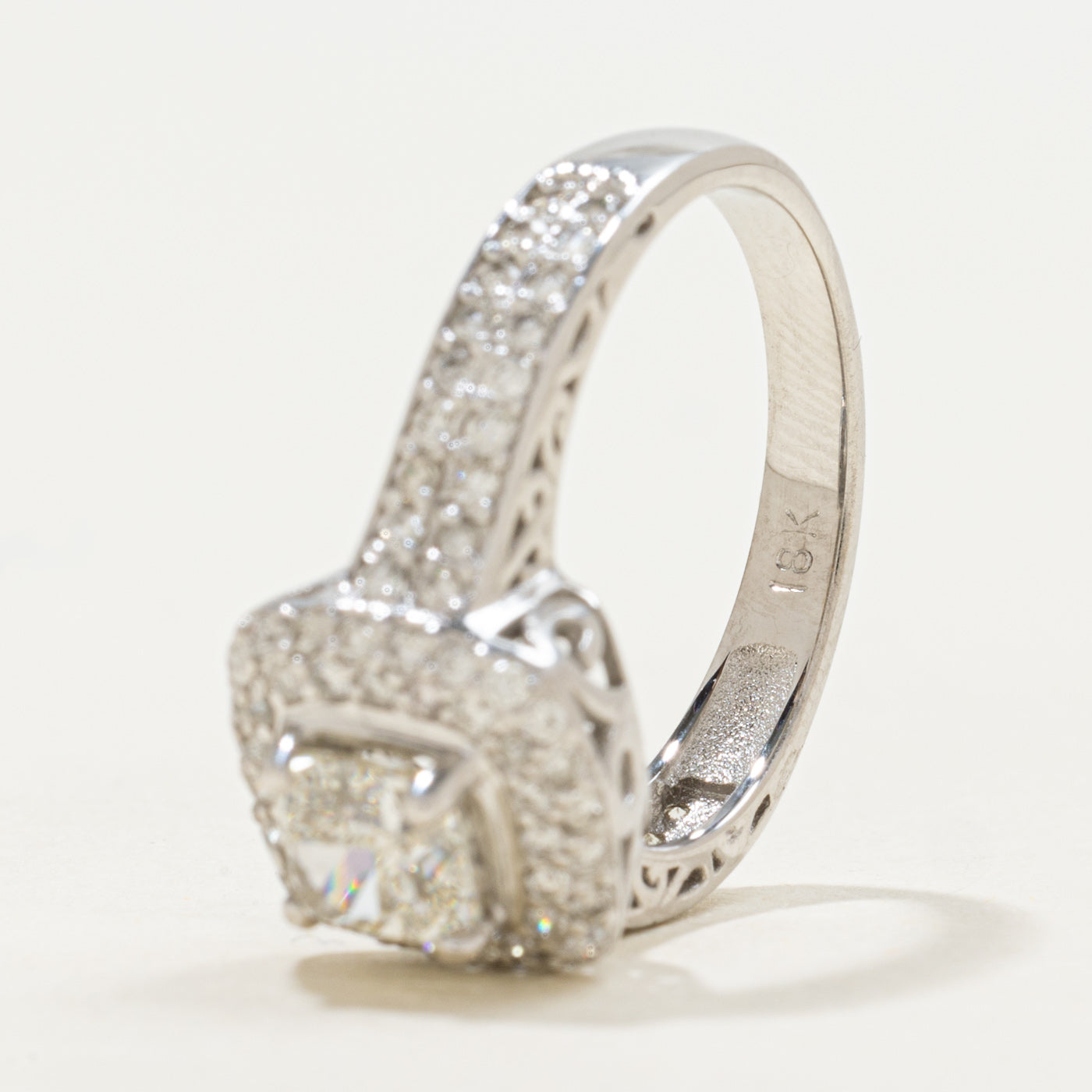 18k White Gold Cushion Cut Diamond Halo Ring | 1.0ct VS2 I, 0.58ctw | SZ 7.0