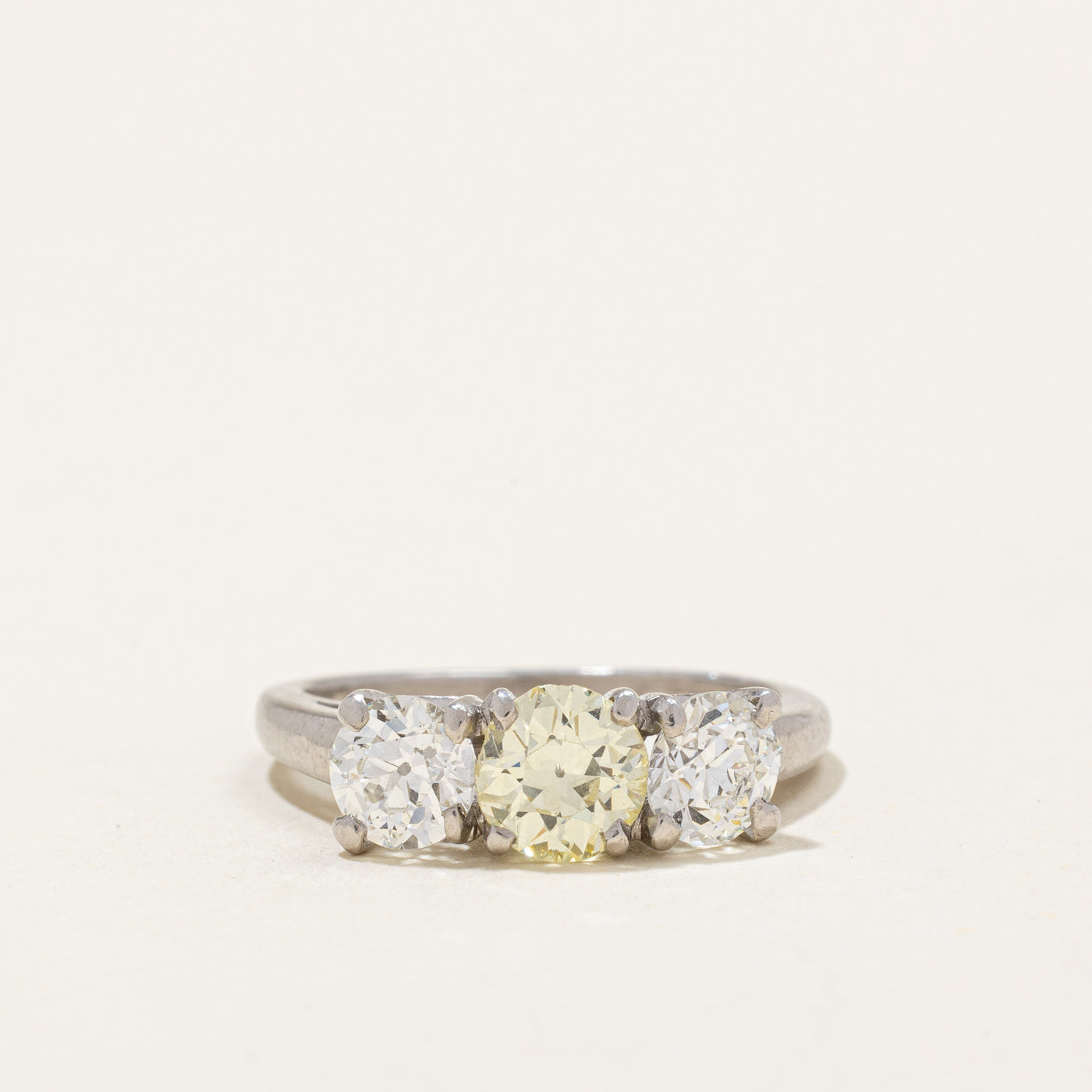 Art Deco Platinum Three Stone Old European Cut Diamond Ring with Fancy Yellow Center | 1.67ctw | SZ 6.25 |