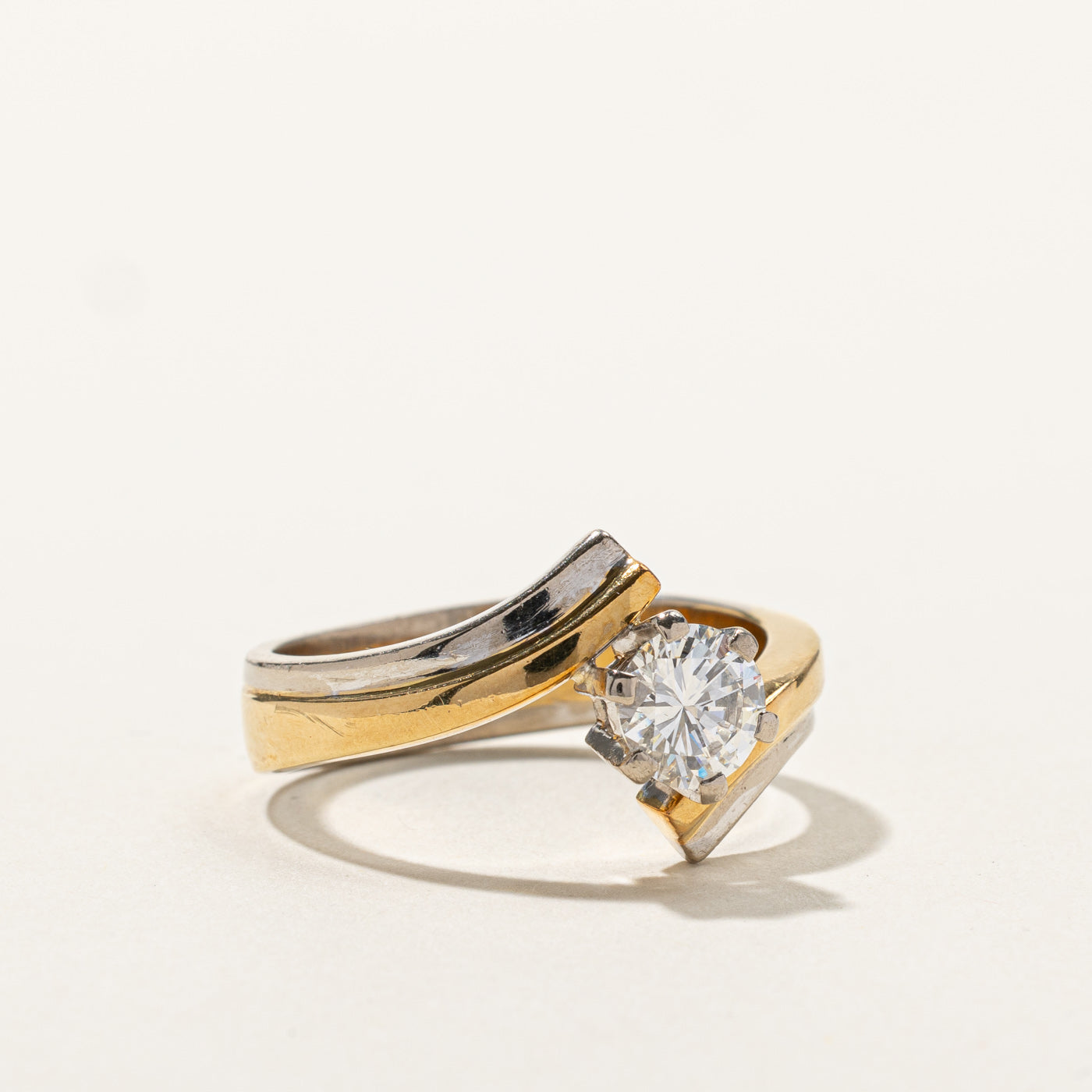 Two Tone Gold Solitaire Diamond Bypass Ring | 0.98ct VS2 H/I | SZ 10 |
