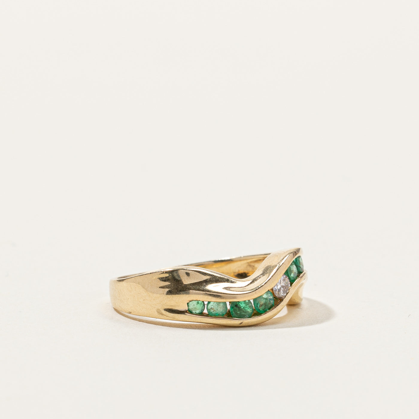 Channel Set Emerald & Diamond Wave Ring | 0.20ctw | 0.07ctw | SZ 6 |