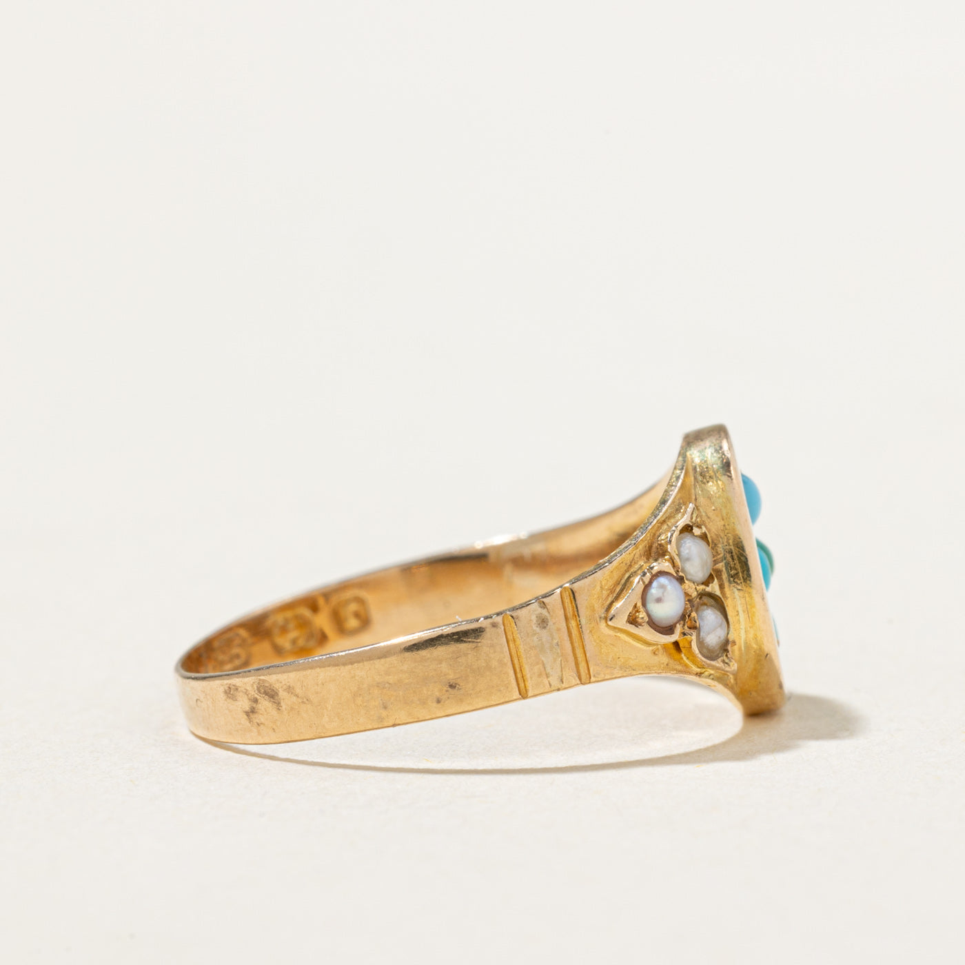 Victorian 1877 Birmingham Turquoise & Pearl Ring | 0.03ctw | SZ 7
