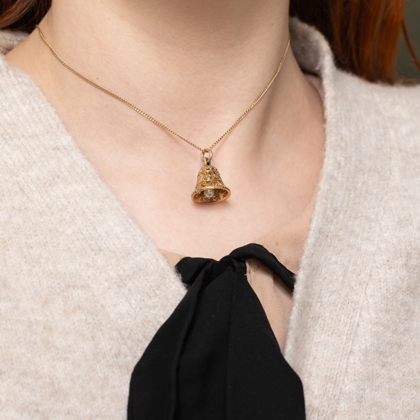 Pearl Accented Ornate Engraved Bell Charm | 3.70mm