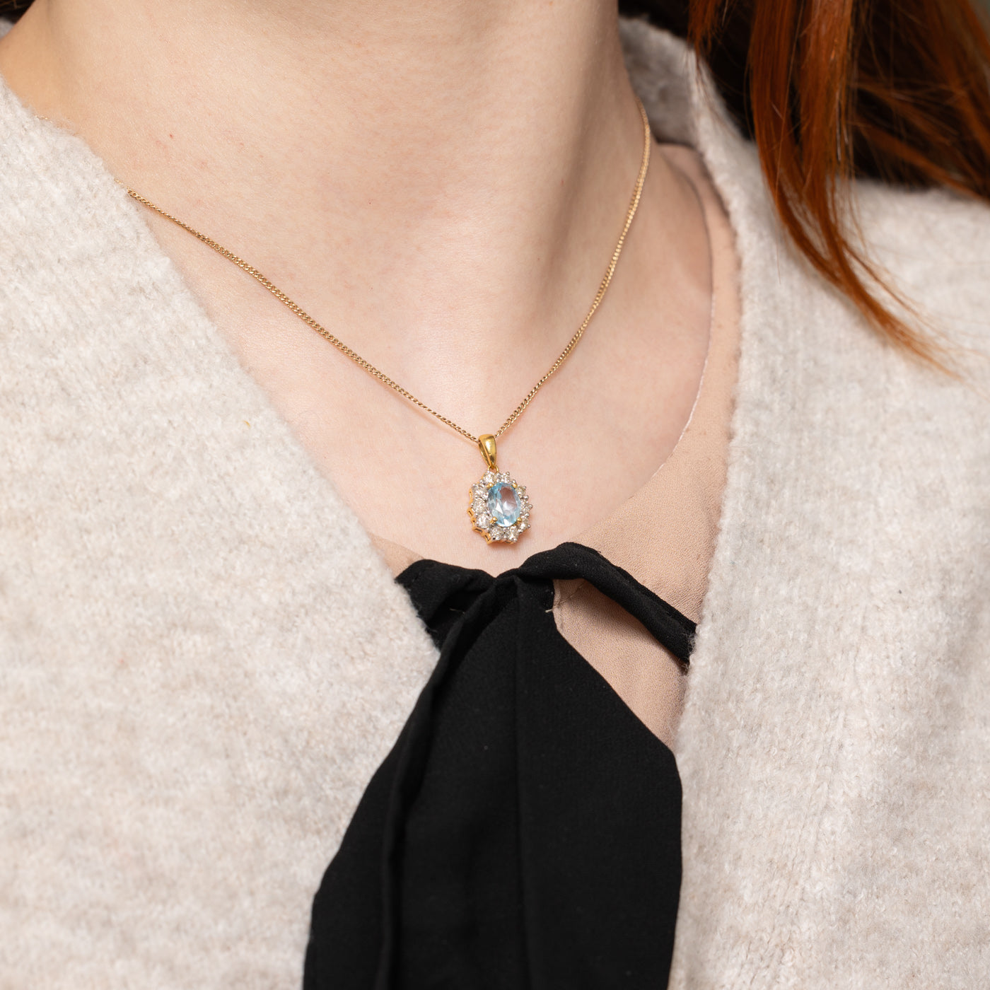 Oval Cut Blue Topaz & Diamond Petal Halo Pendant | 1.05ct, 0.75ctw