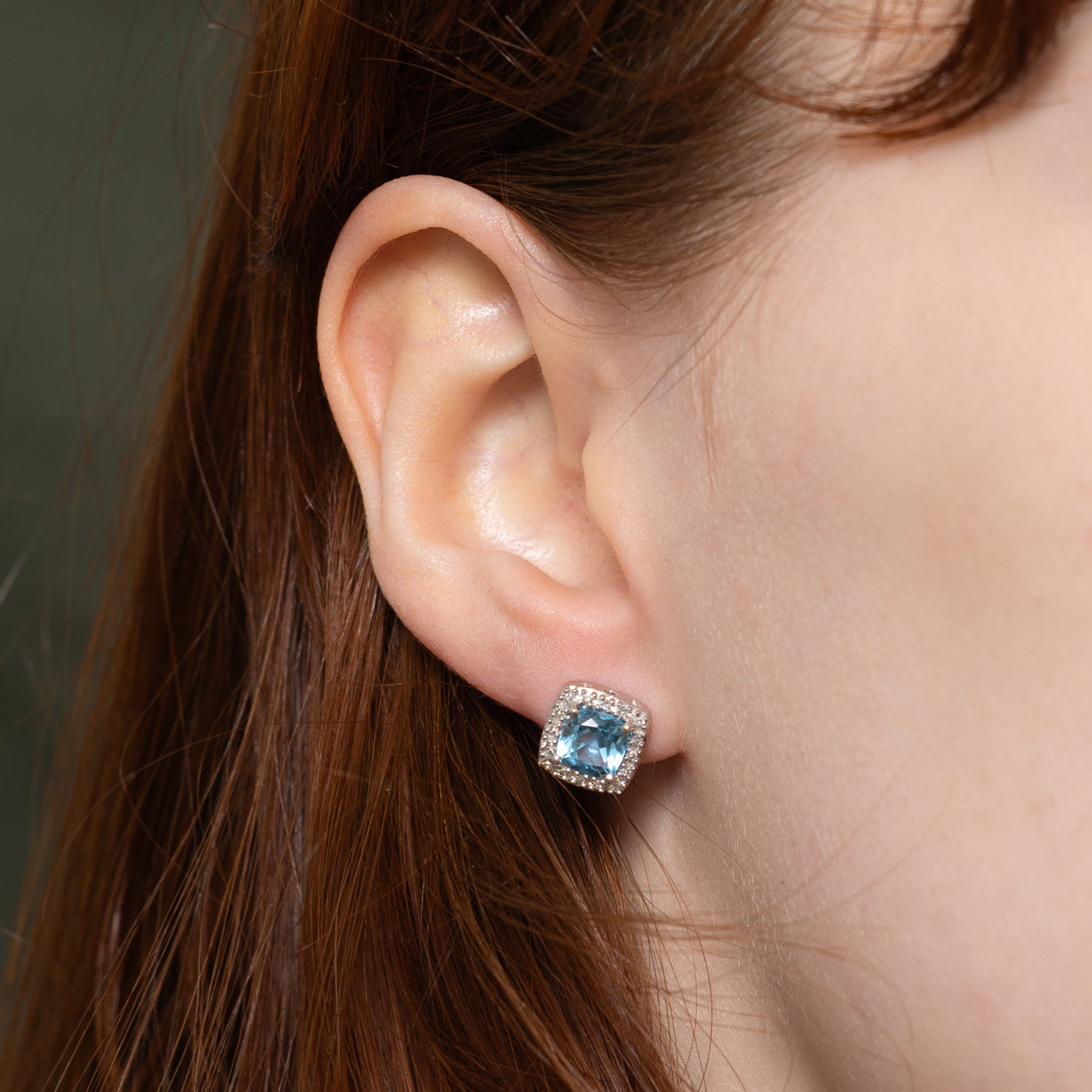 Blue Topaz & Diamond Halo Stud Earrings | 2.00ctw, 0.07ctw