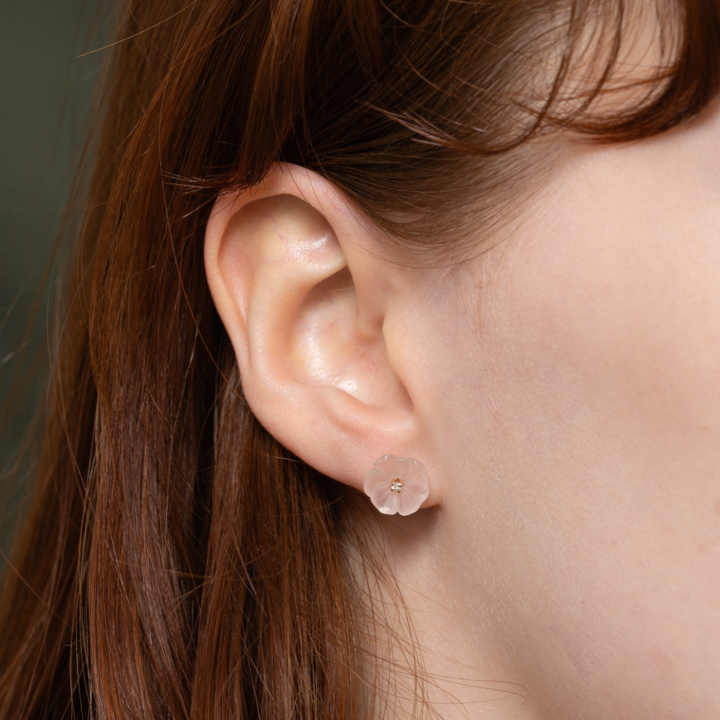 Carved Rose Quartz & White Sapphire Flower Stud Earrings | 2.75ctw, 0.025ctw