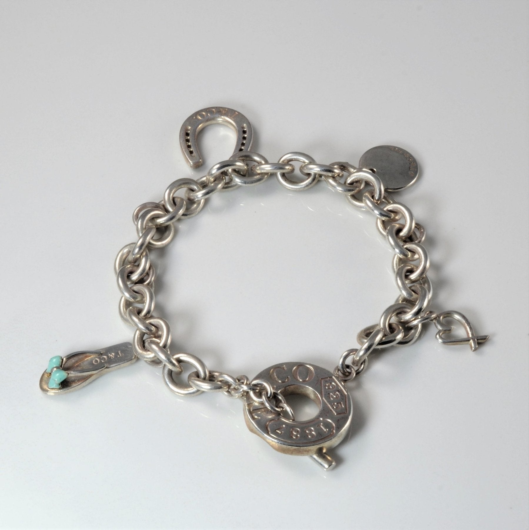 'Tiffany & Co.' Sterling Silver Charm Bracelet With Charms | 7.5" | - 100 Ways