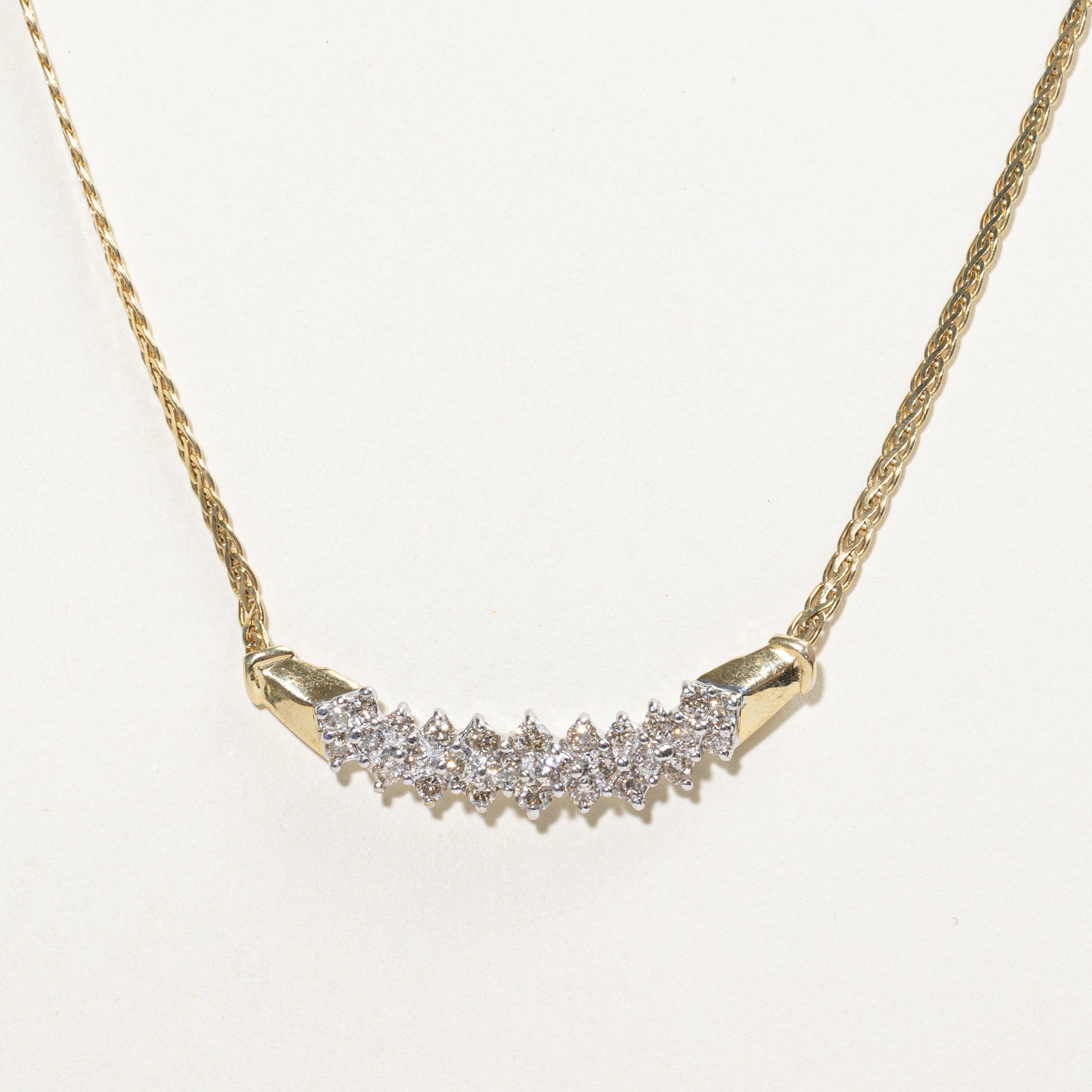 Yellow Gold Diamond Curved Bar Pendant Necklace | 1.00ctw | 17"