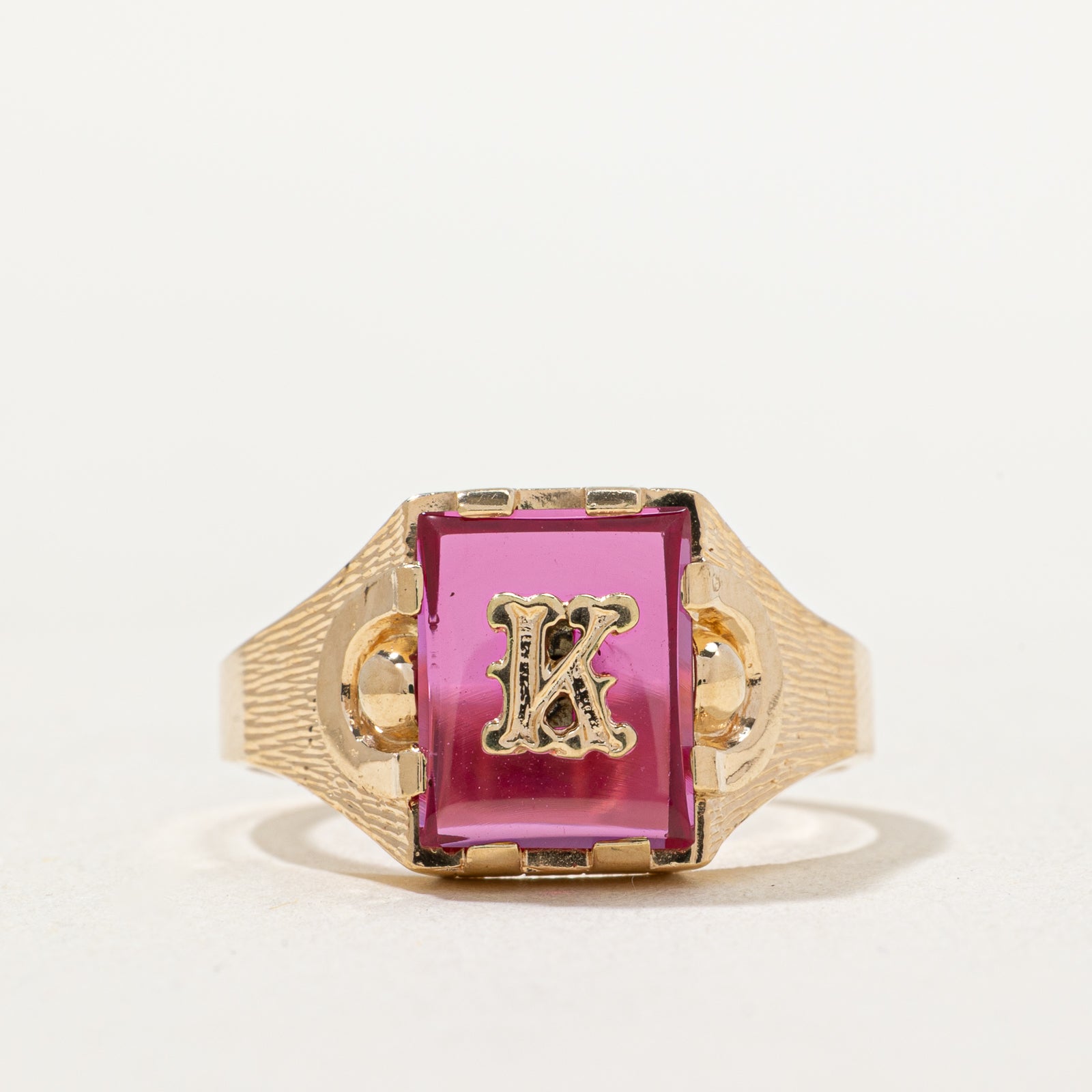 Synthetic Ruby 'K' Initial Signet Ring | 1.00ct | SZ 8.75