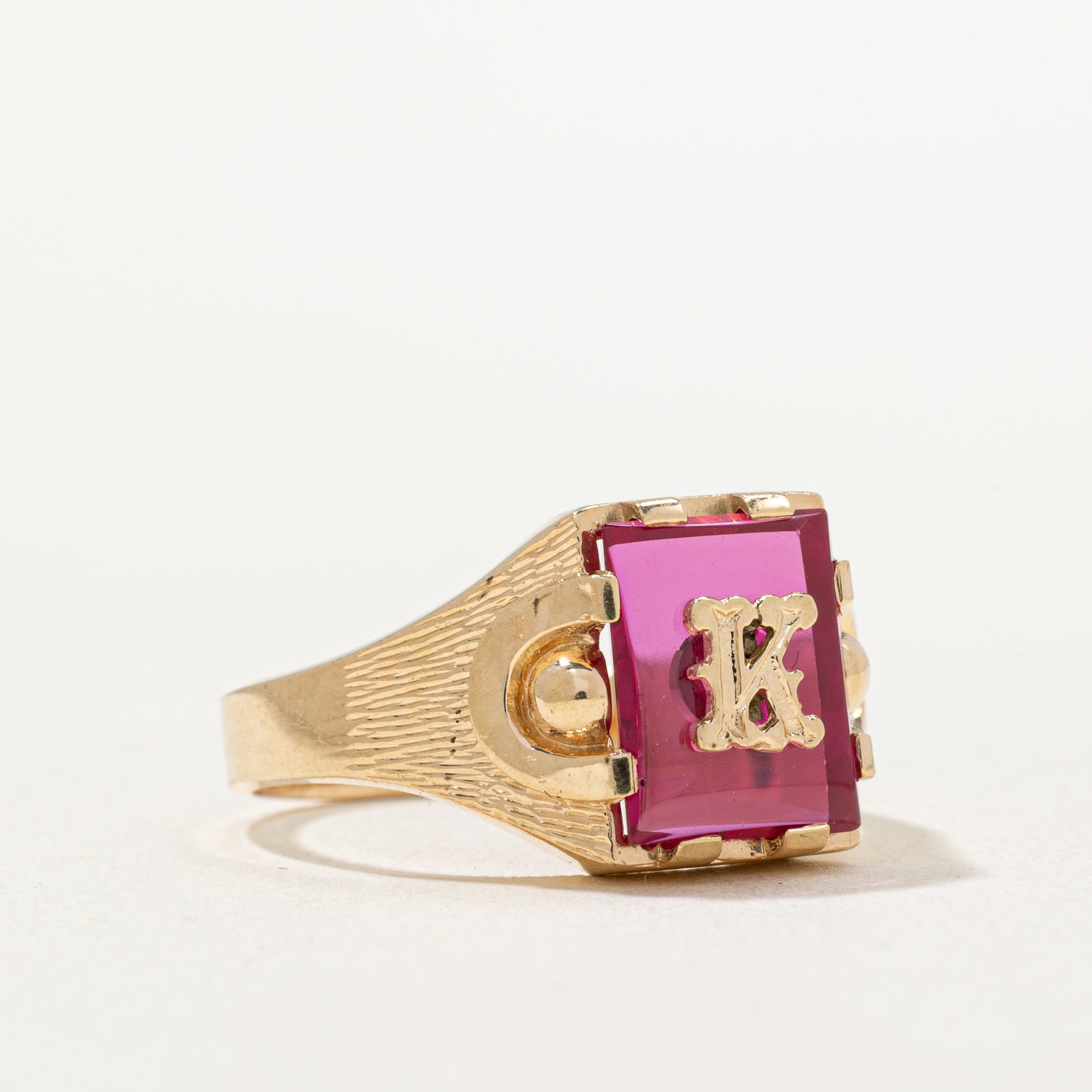 Synthetic Ruby 'K' Initial Signet Ring | 1.00ct | SZ 8.75