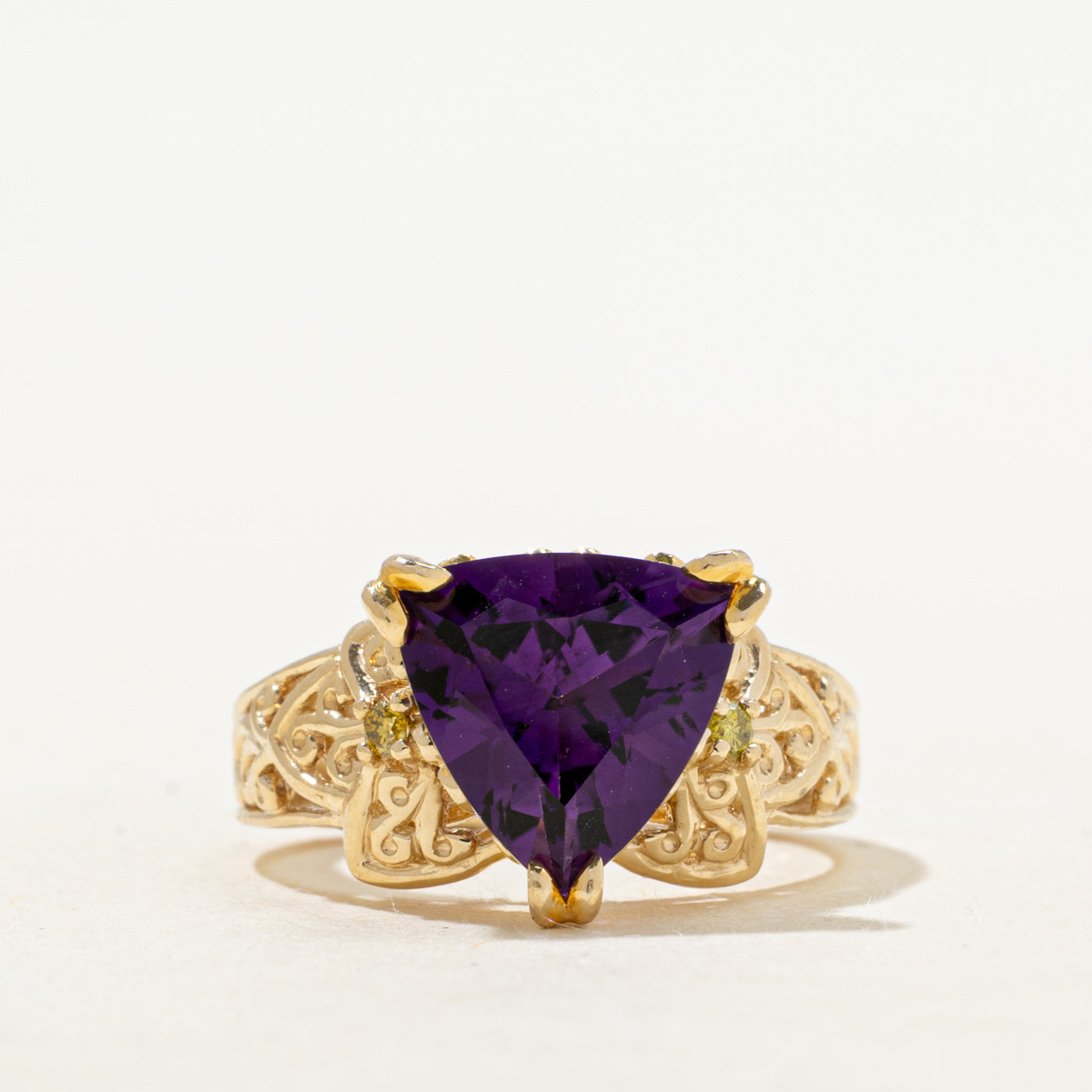 Trillion Cut Synthetic Purple Sapphire & Yellow Diamond Cocktail Ring | 3.00ct, 0.04ctw | SZ 5.5